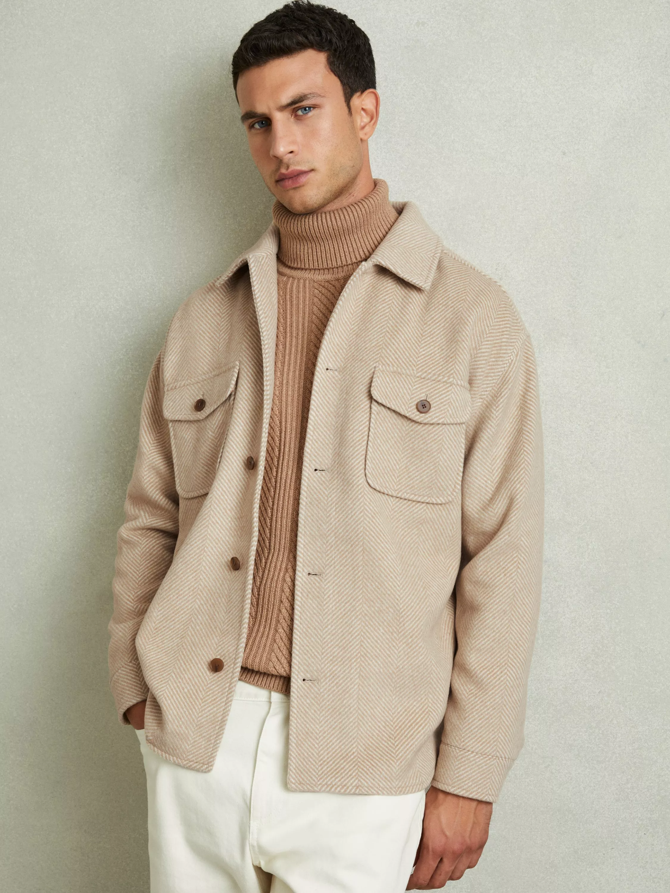 Reiss Compton Wool Blend Herringbone Twill Overshirt, Oatmeal