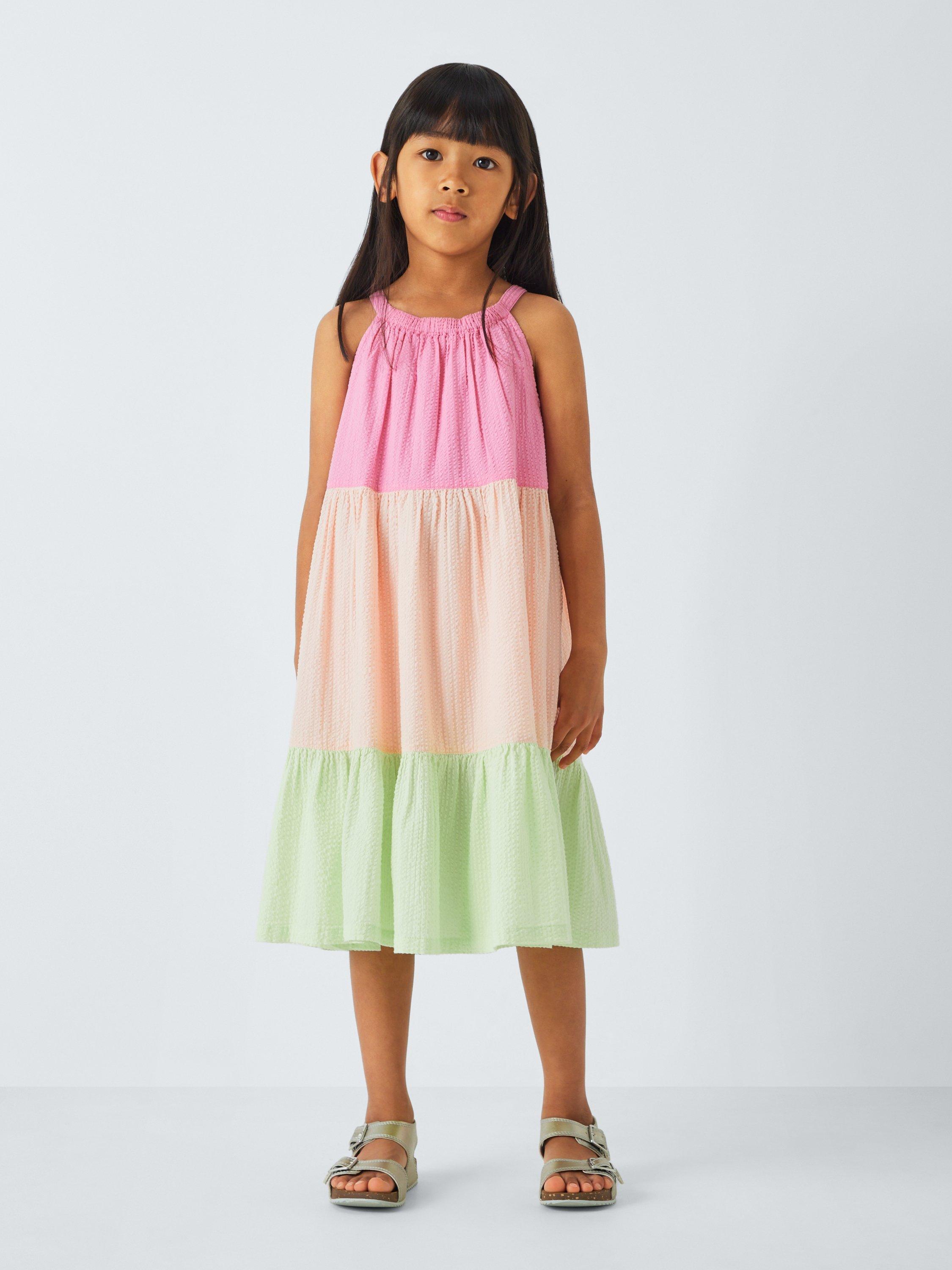 Product image 1 of 7, which shows John Lewis Kids' Colour Block Tiered Dress, Pink, Green, 2 years