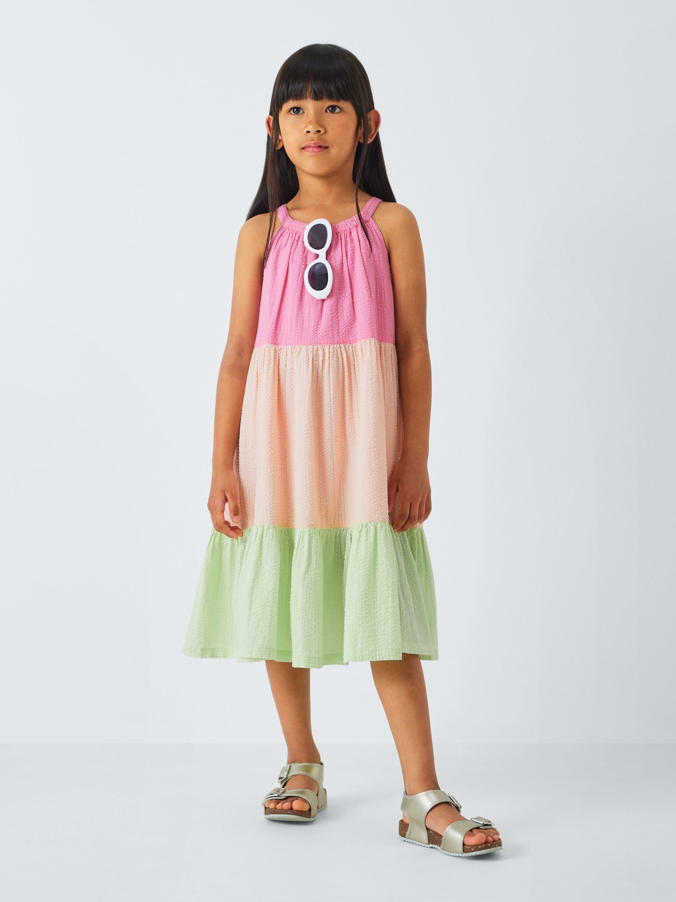 Product image 2 of 7, which shows John Lewis Kids' Colour Block Tiered Dress, Pink, Green, 2 years