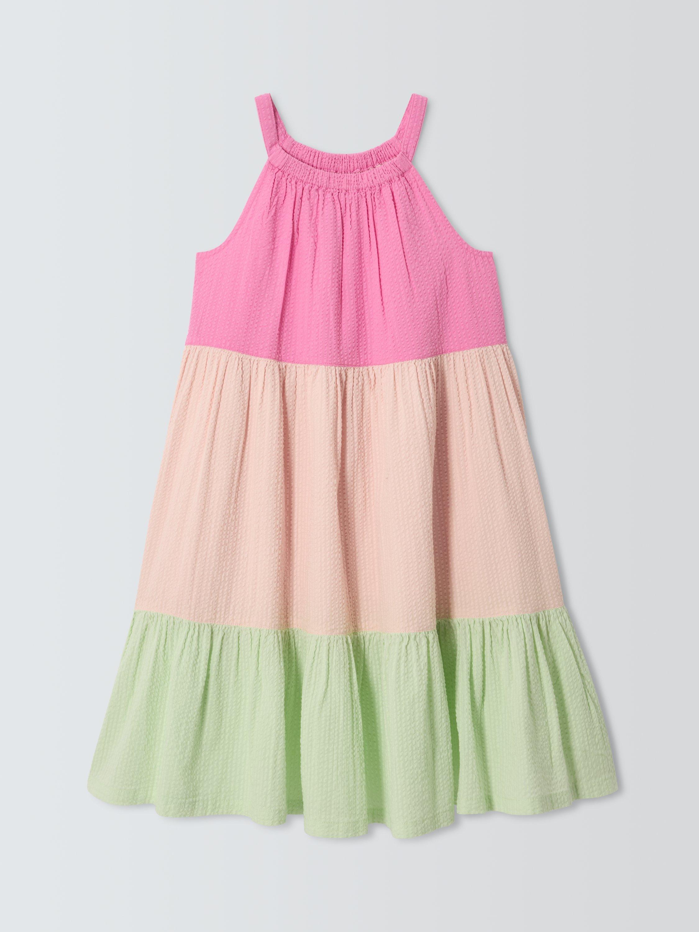 Product image 3 of 7, which shows John Lewis Kids' Colour Block Tiered Dress, Pink, Green, 2 years