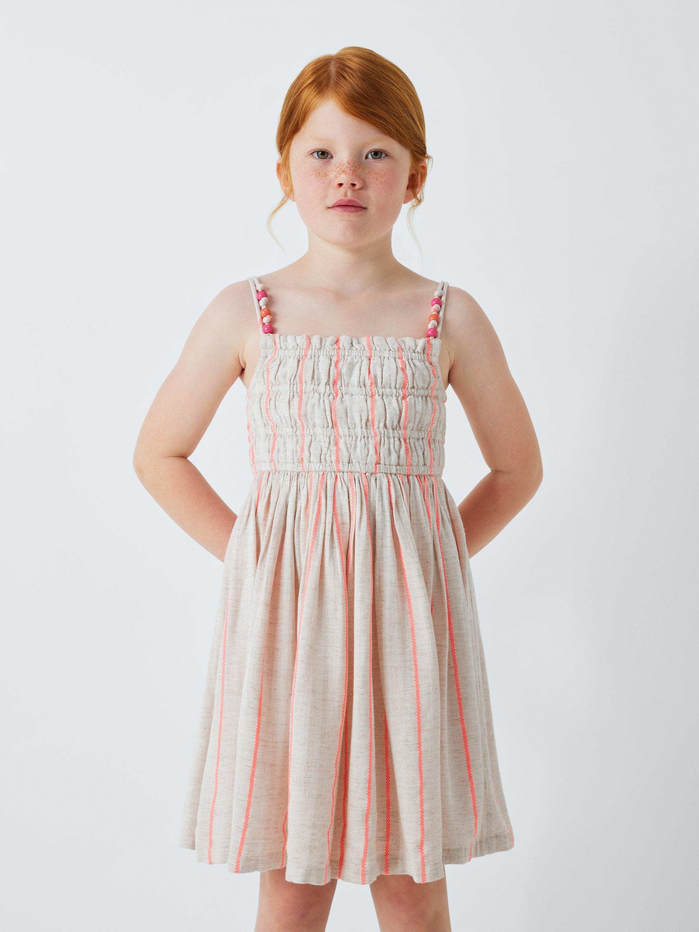 Product image 1 of 7, which shows John Lewis Kids' Stripe Summer Dress & Hair Scrunchie Set, Beige, Pink, 3 years