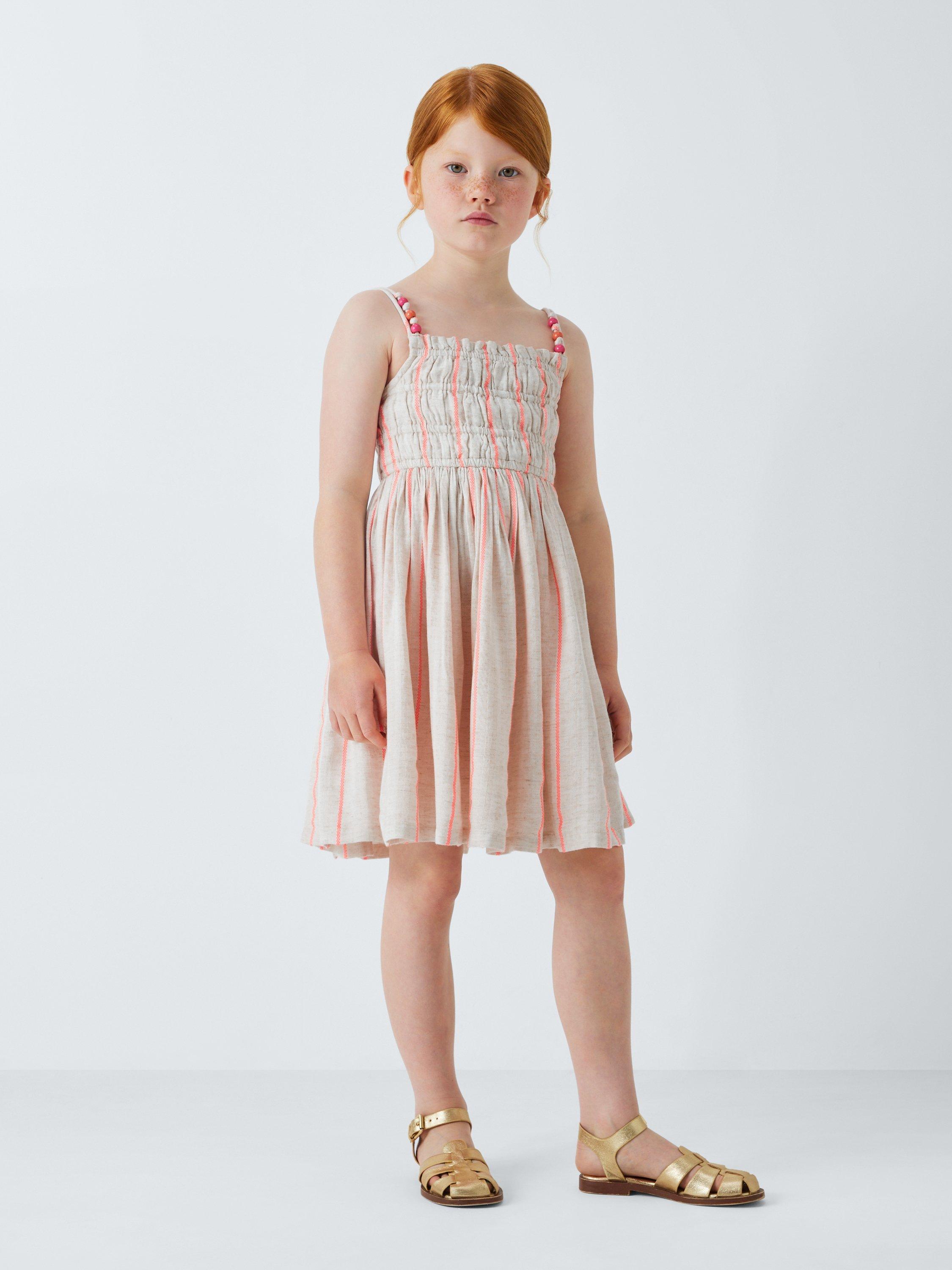 Product image 2 of 7, which shows John Lewis Kids' Stripe Summer Dress & Hair Scrunchie Set, Beige, Pink, 3 years