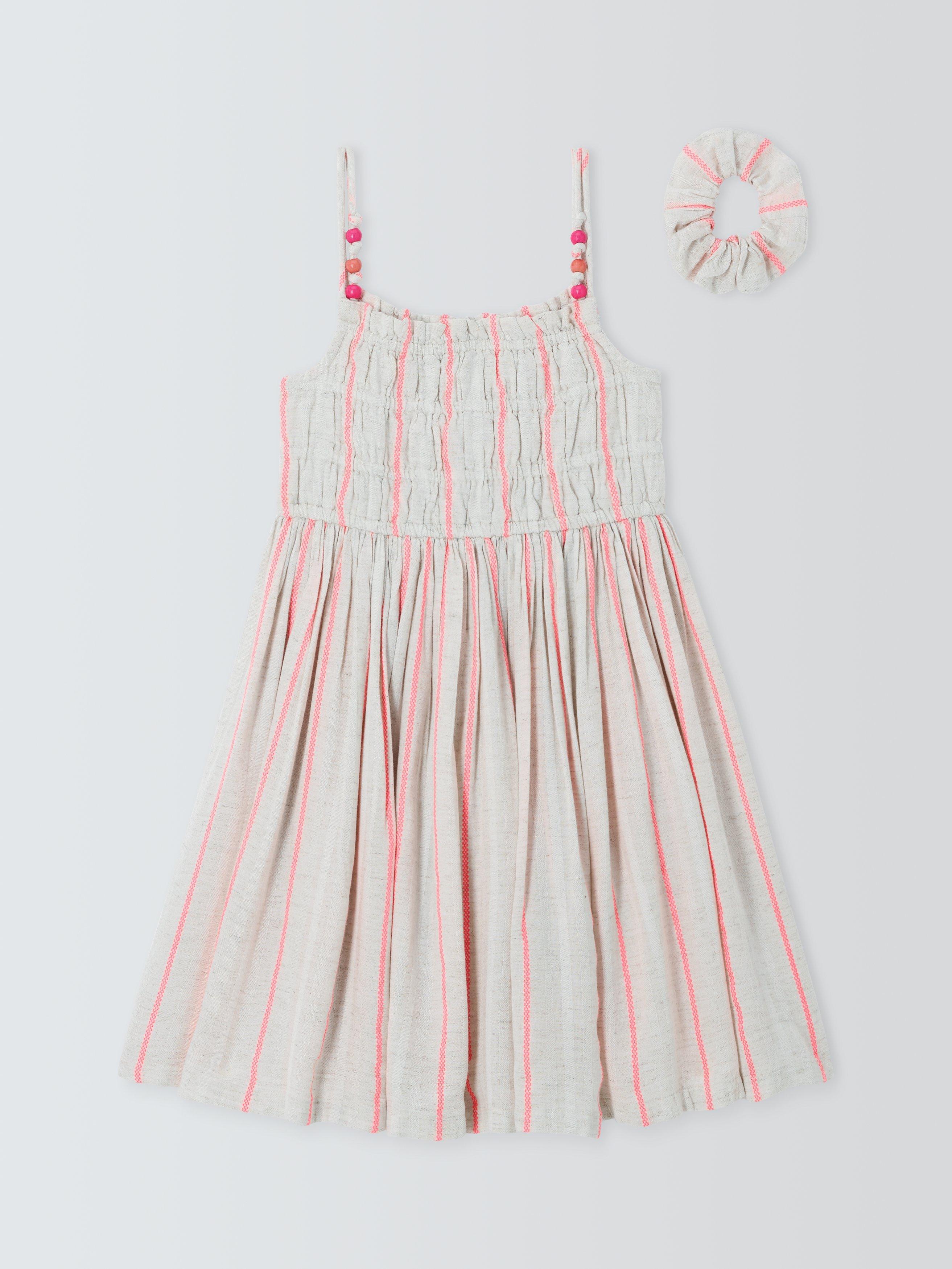 Product image 3 of 7, which shows John Lewis Kids' Stripe Summer Dress & Hair Scrunchie Set, Beige, Pink, 3 years