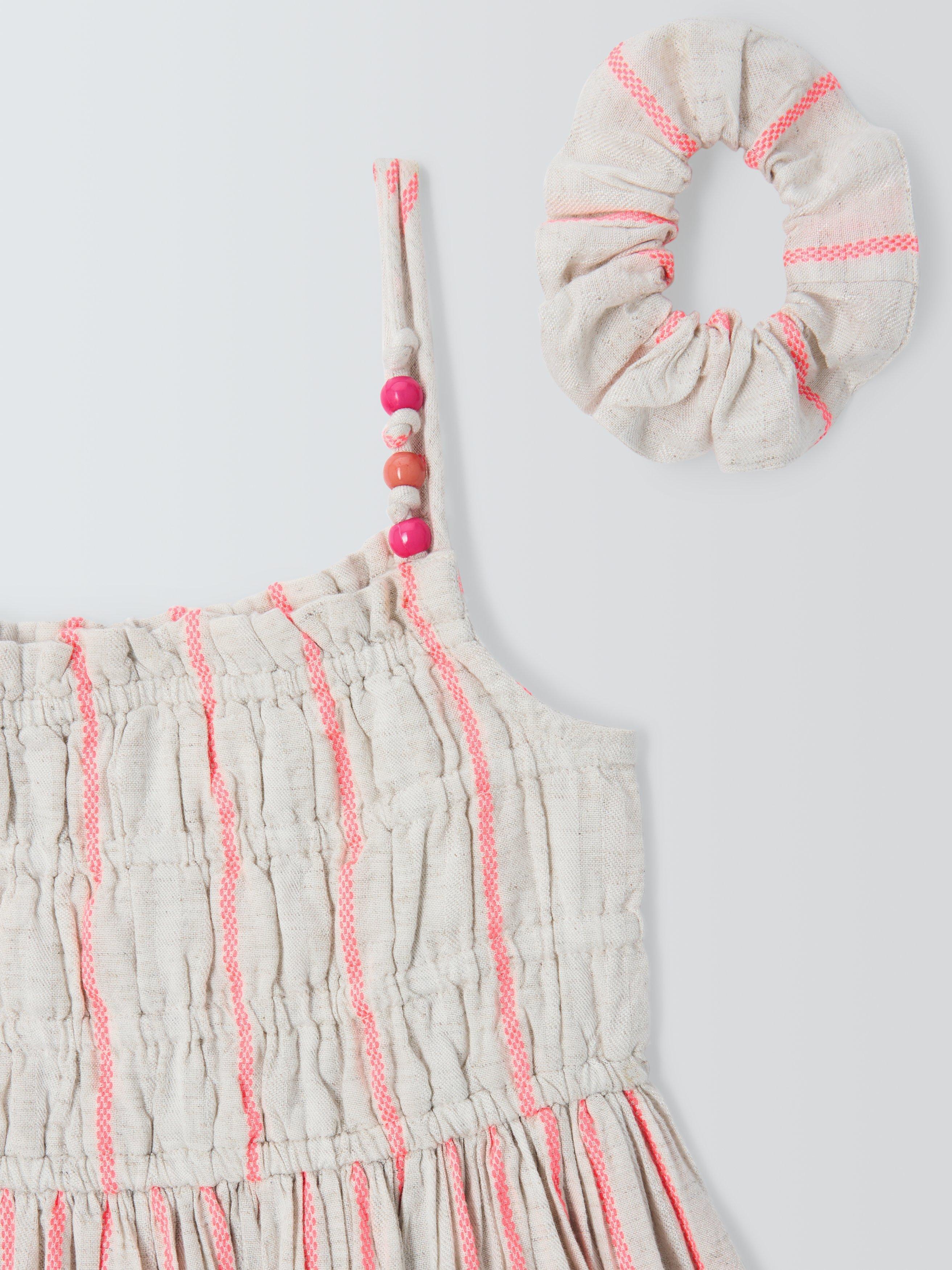 Product image 5 of 7, which shows John Lewis Kids' Stripe Summer Dress & Hair Scrunchie Set, Beige, Pink, 3 years