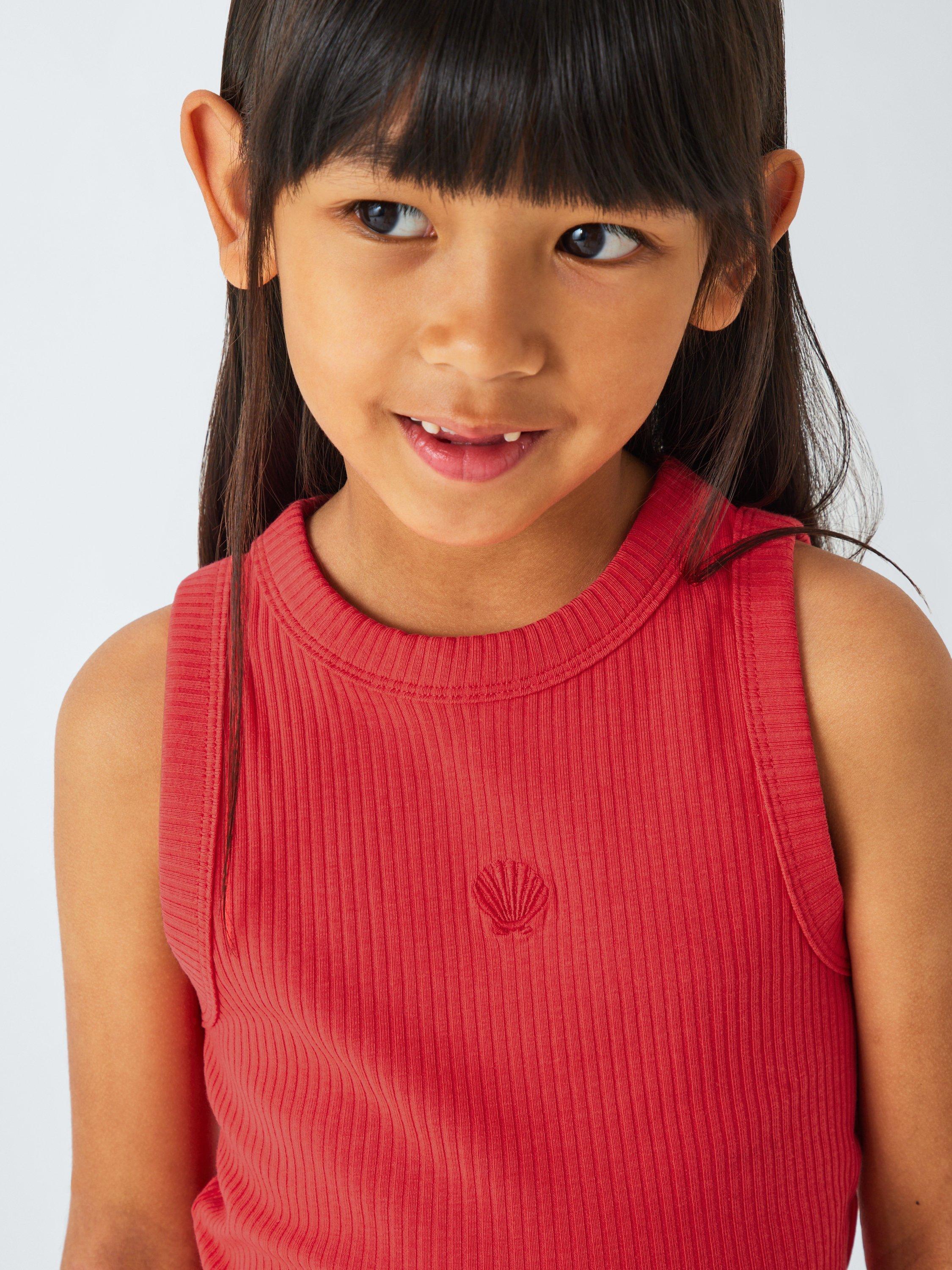 Product image 5 of 6, which shows John Lewis Kids' Shell/Stripe Racerback Vest Tops, Pack of 3, Multi, 3 years
