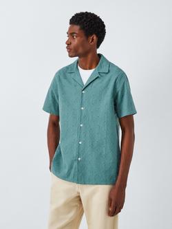 John Lewis Short Sleeve Eyelet Floral Embroidered Cotton Blend Shirt, North Atlantic, North Atlantic