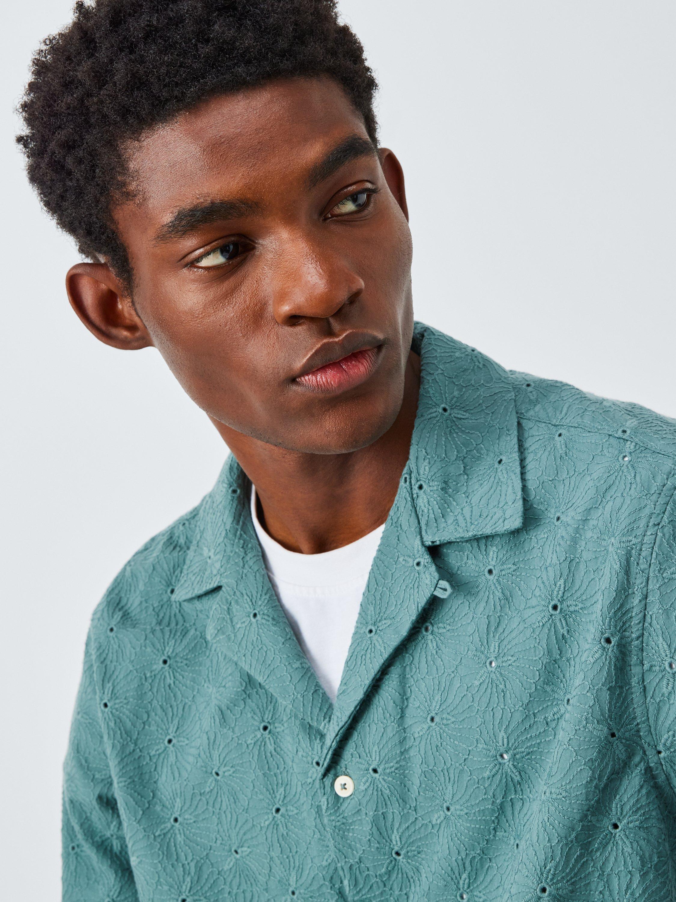 Product image 5 of 6, which shows John Lewis Short Sleeve Eyelet Floral Embroidered Cotton Blend Shirt, North Atlantic, M