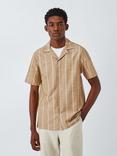 John Lewis Short Sleeve Embroidered Stripe Cotton Blend Shirt, Oak Buff