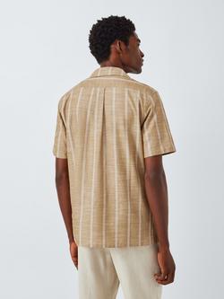 John Lewis Short Sleeve Embroidered Stripe Cotton Blend Shirt, Oak Buff - view 2, Oak Buff