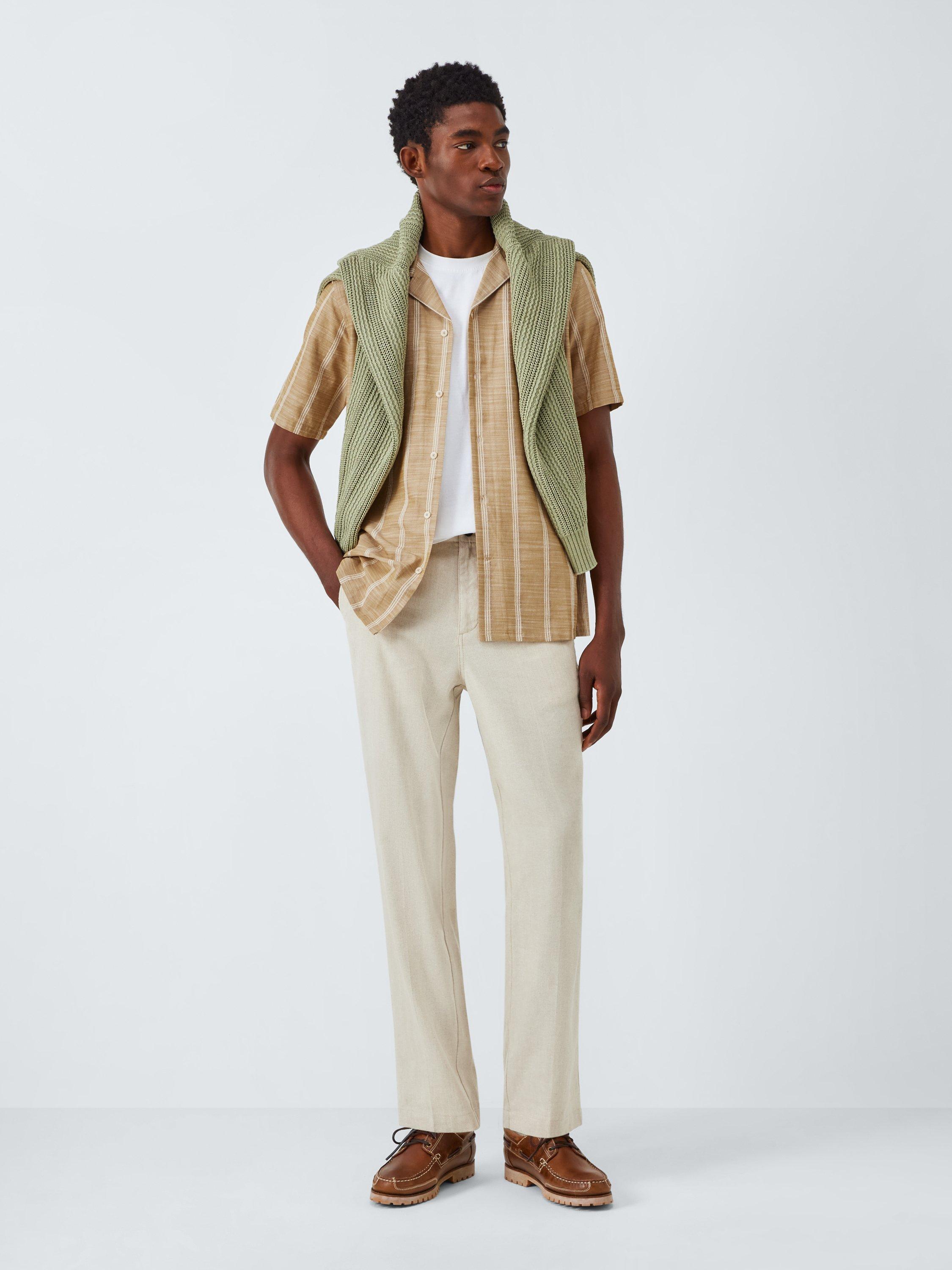 Product image 3 of 6, which shows John Lewis Short Sleeve Embroidered Stripe Cotton Blend Shirt, Oak Buff, M