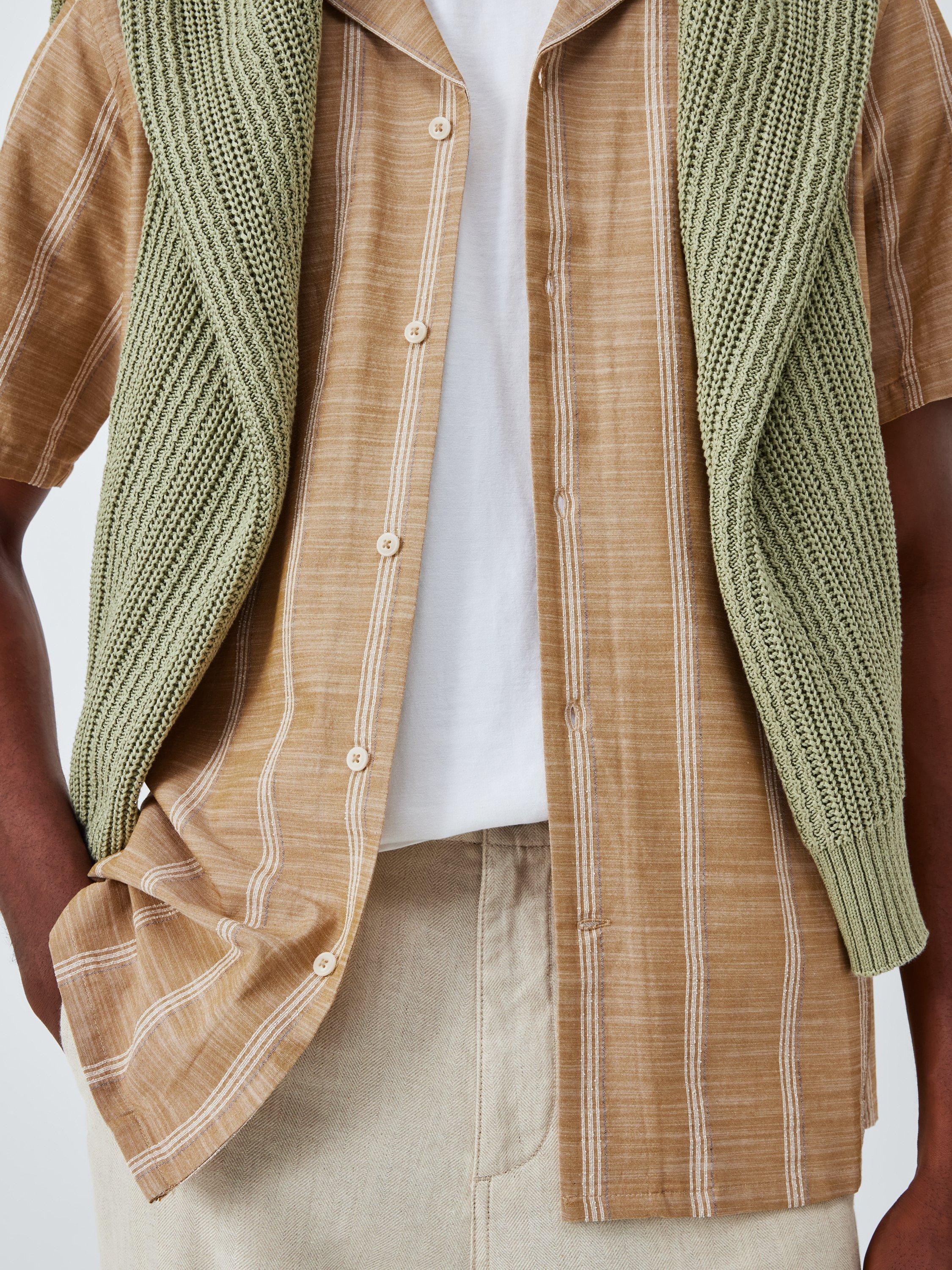 Product image 6 of 6, which shows John Lewis Short Sleeve Embroidered Stripe Cotton Blend Shirt, Oak Buff, M
