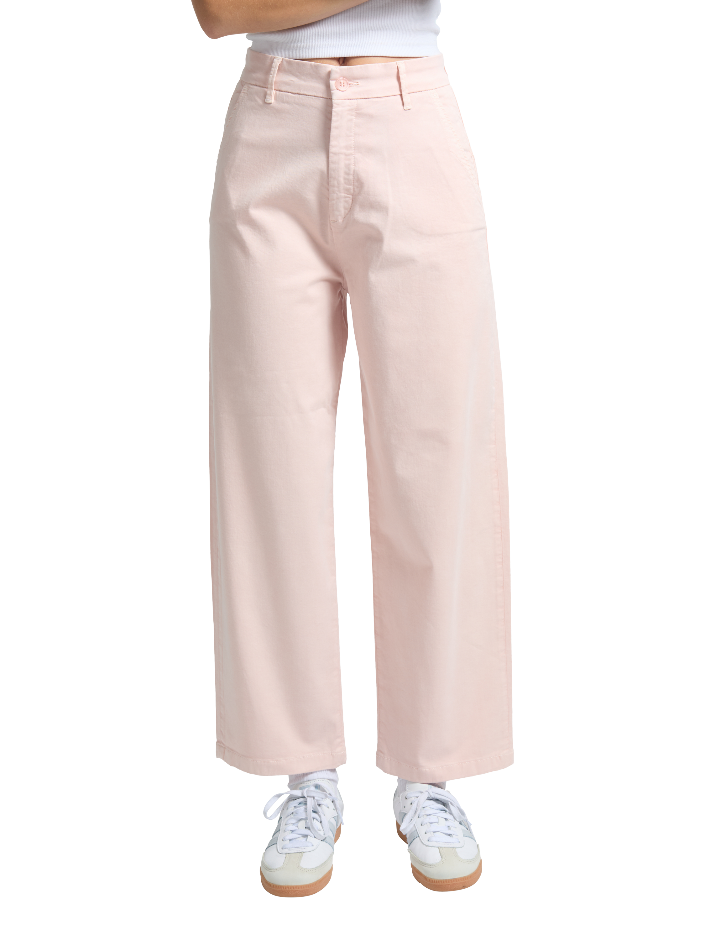 Product image 1 of 3, which shows REIKO Lio Topstitch Pocket Chino Trousers, Pale Pink, 26