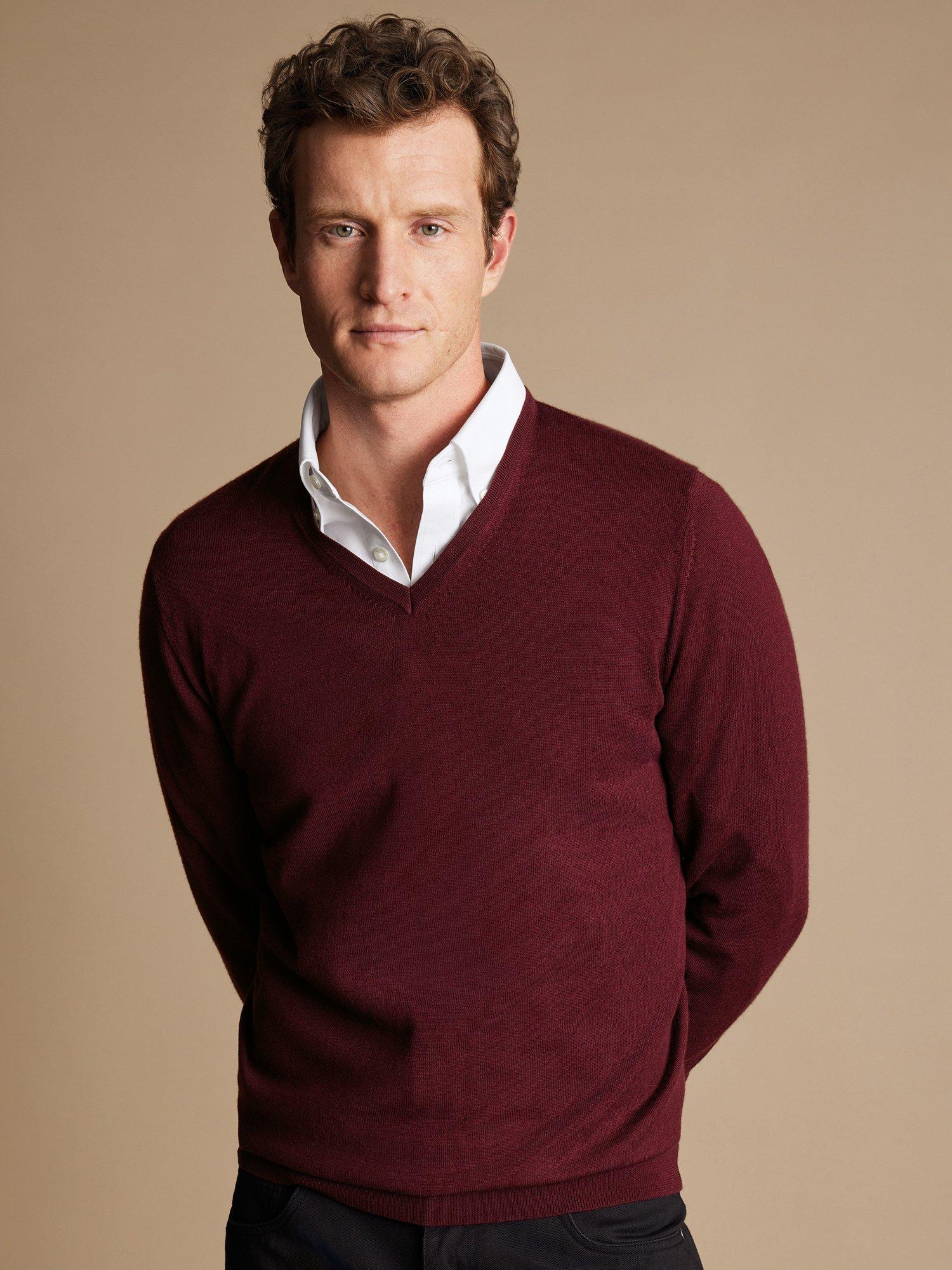 Charles Tyrwhitt Merino Wool V-Neck Jumper, Burgundy Red