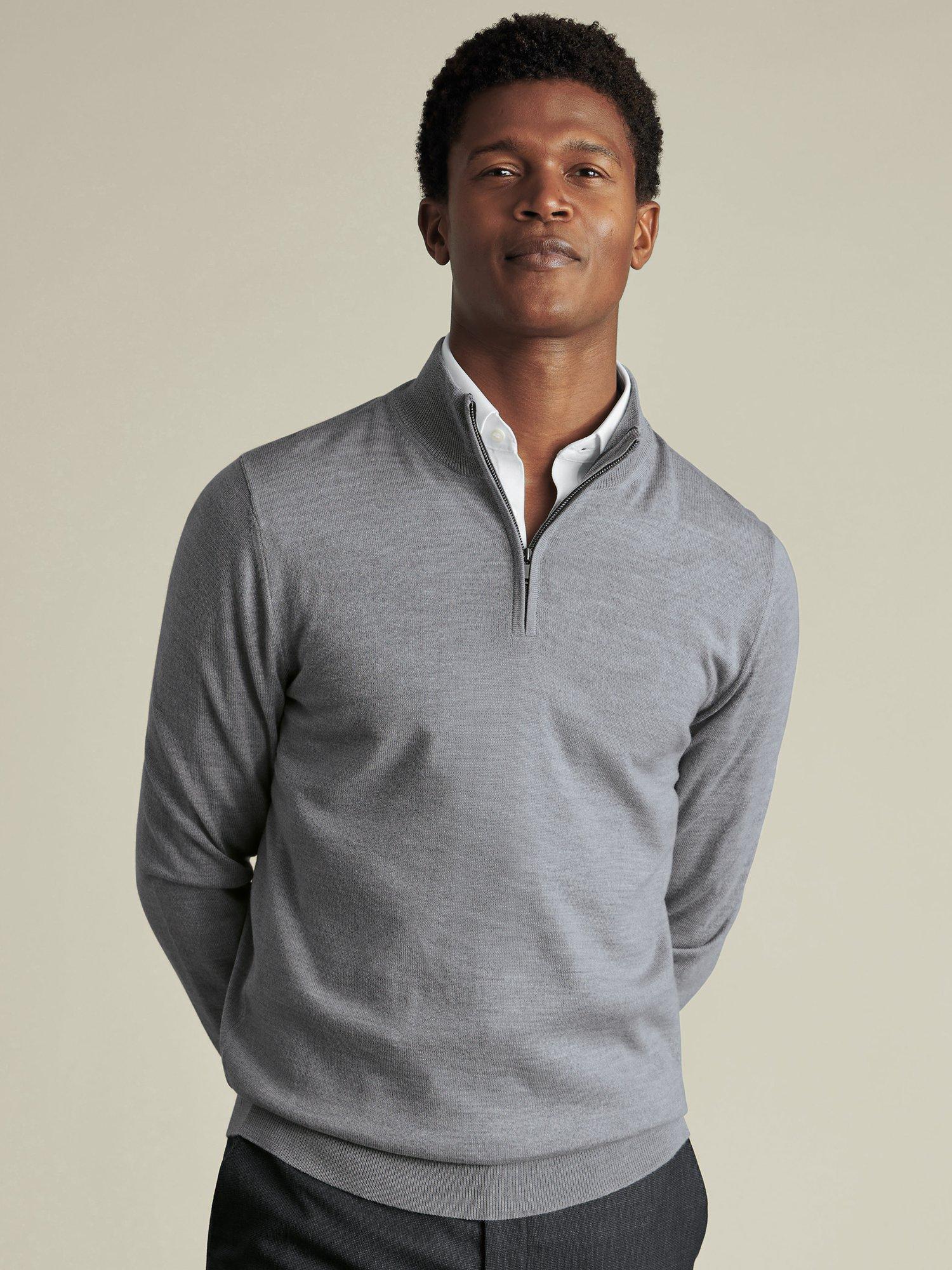 Charles Tyrwhitt Merino Wool Zip Neck Jumper, Light Grey