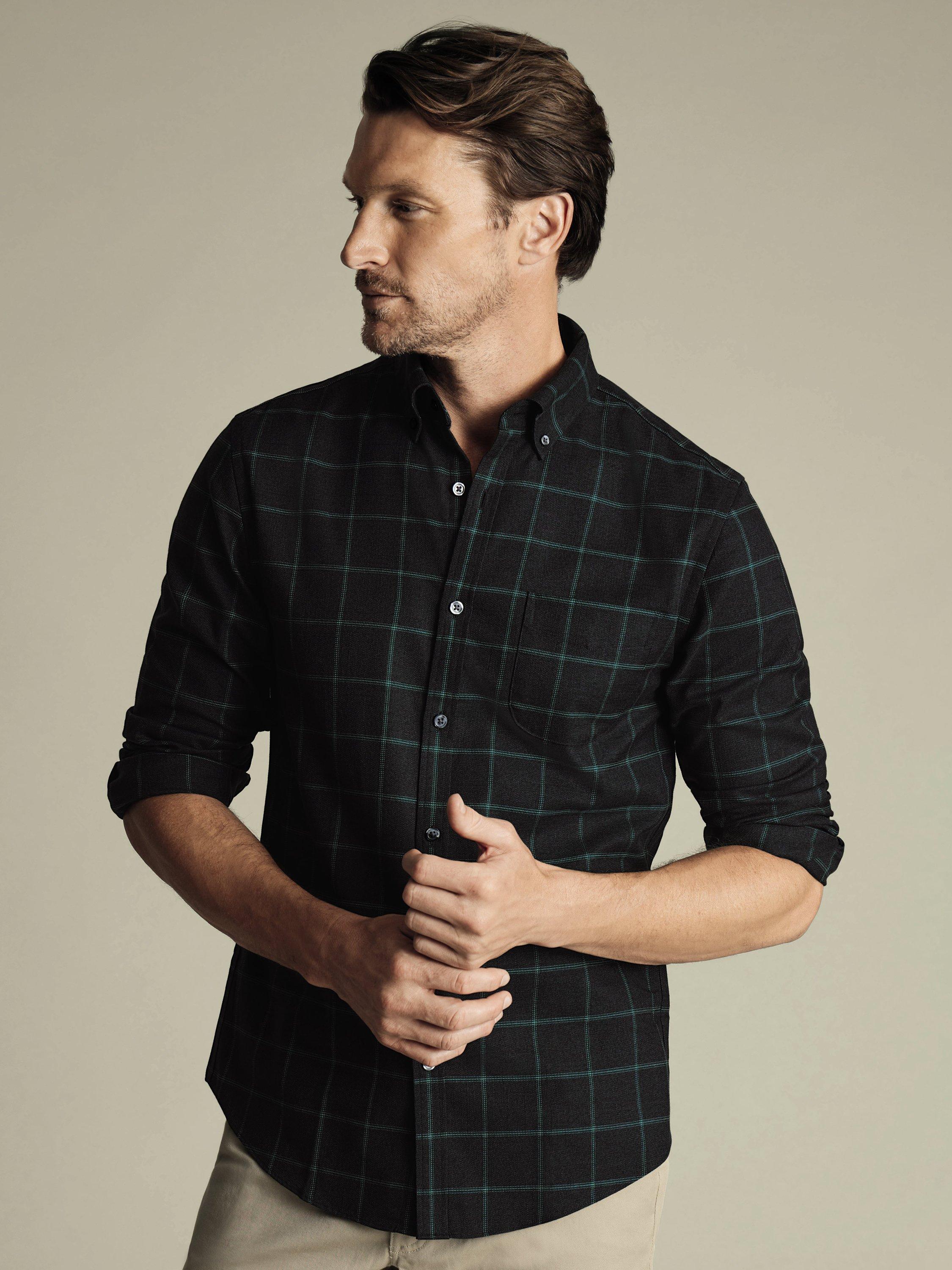 Charles Tyrwhitt Cotton Non-Iron Check Shirt, Charcoal/Green