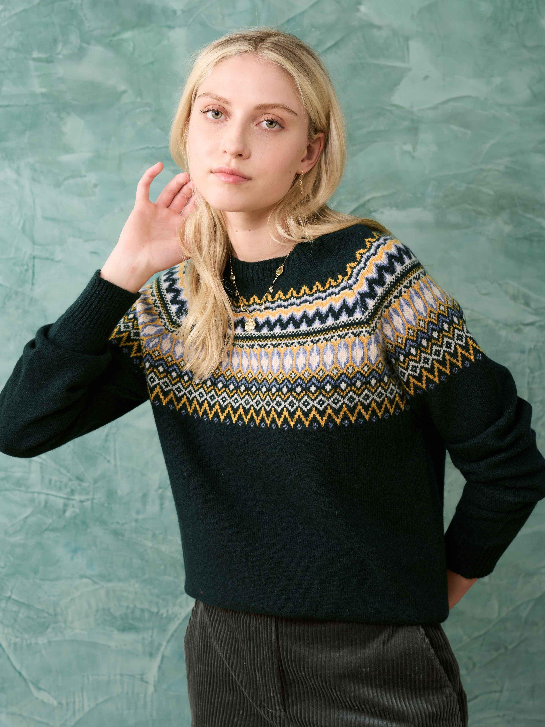 Brora Cashmere Icelandic Geometric Jumper, Pine