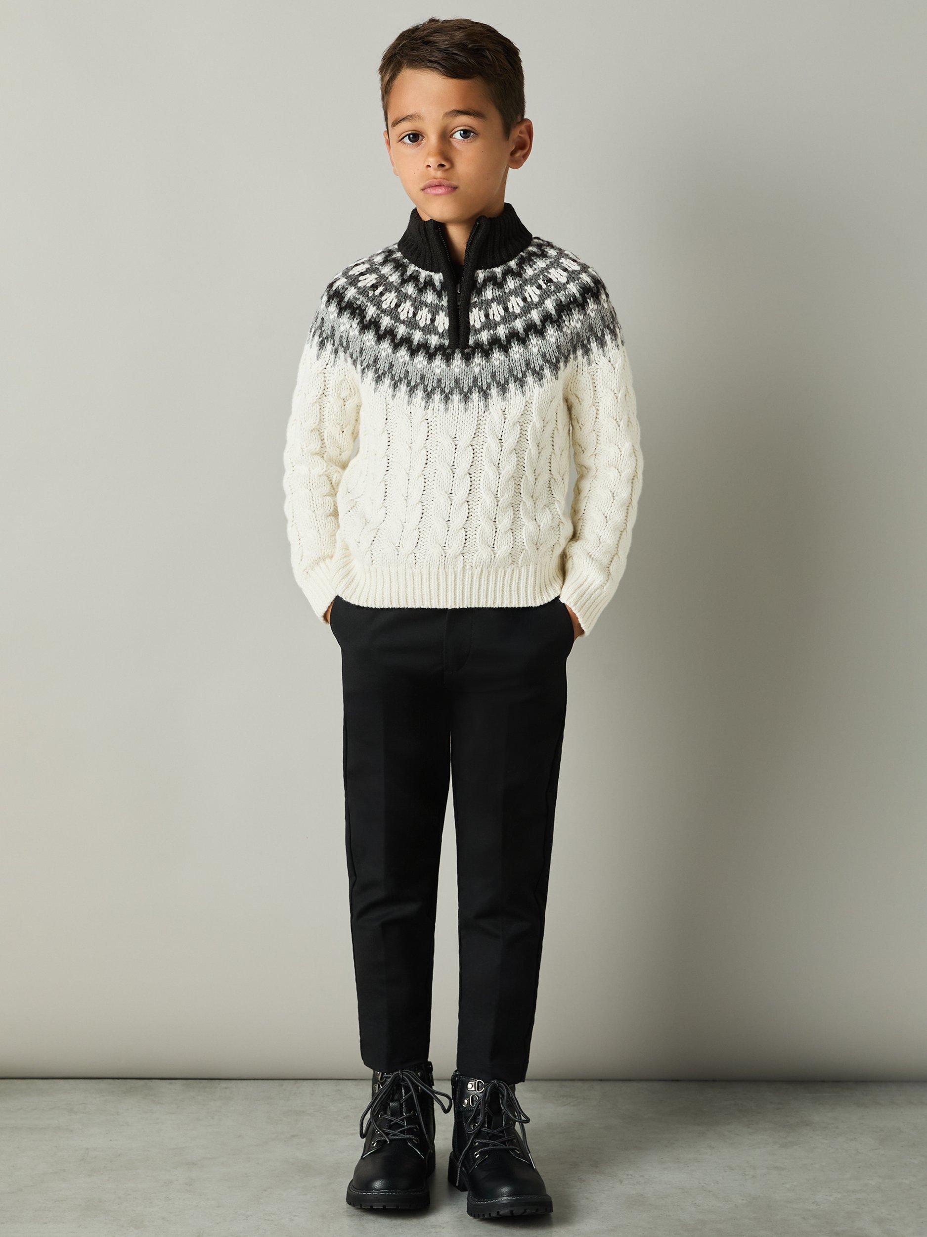 Reiss Kids' Colorado Fair Isle Zip Neck Jumper, White/Grey/Black
