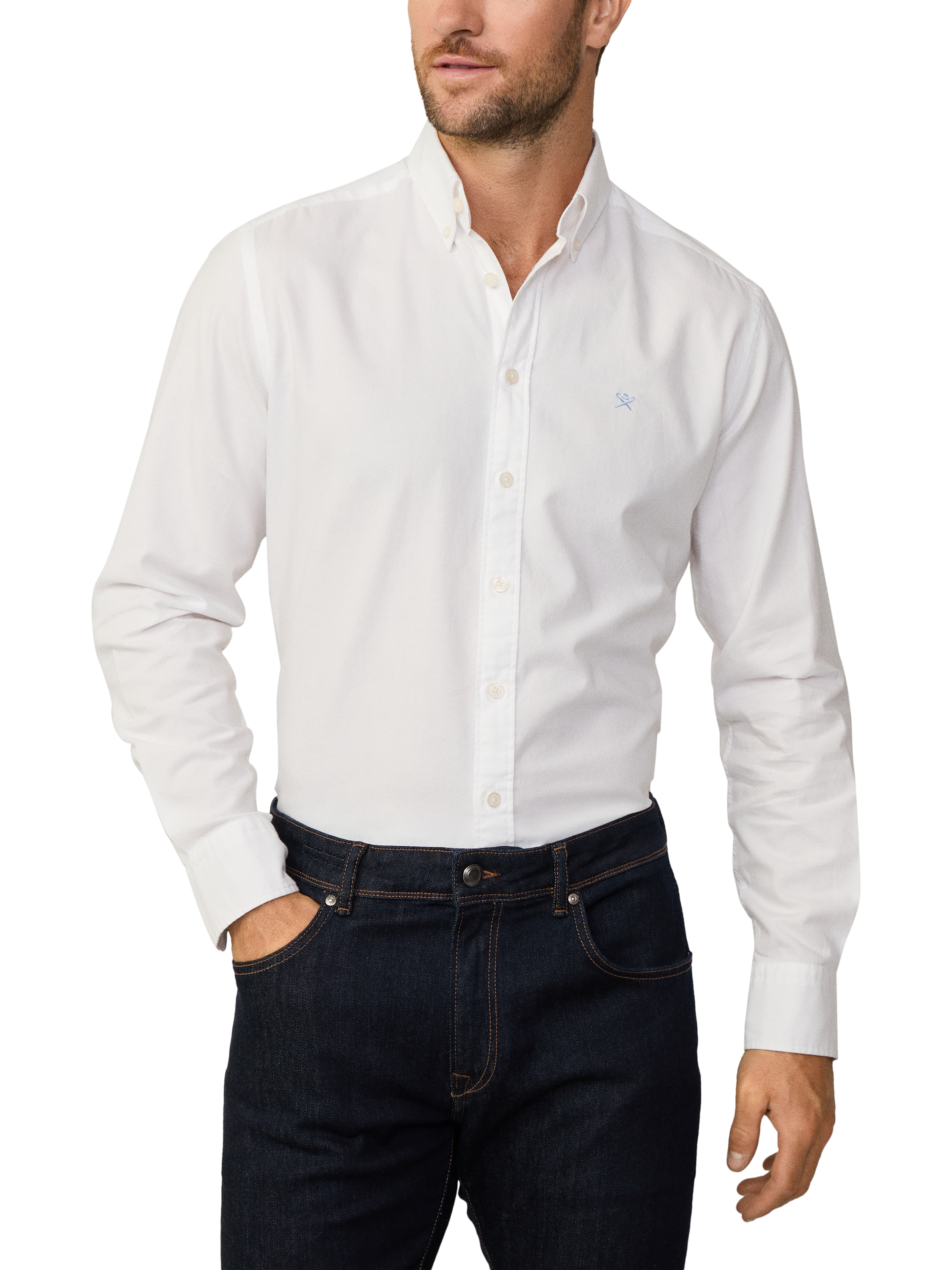 Product image 2 of 7, which shows Hackett London Tailored Fit Brompton Collar Oxford Cotton Shirt, Optic White, XS