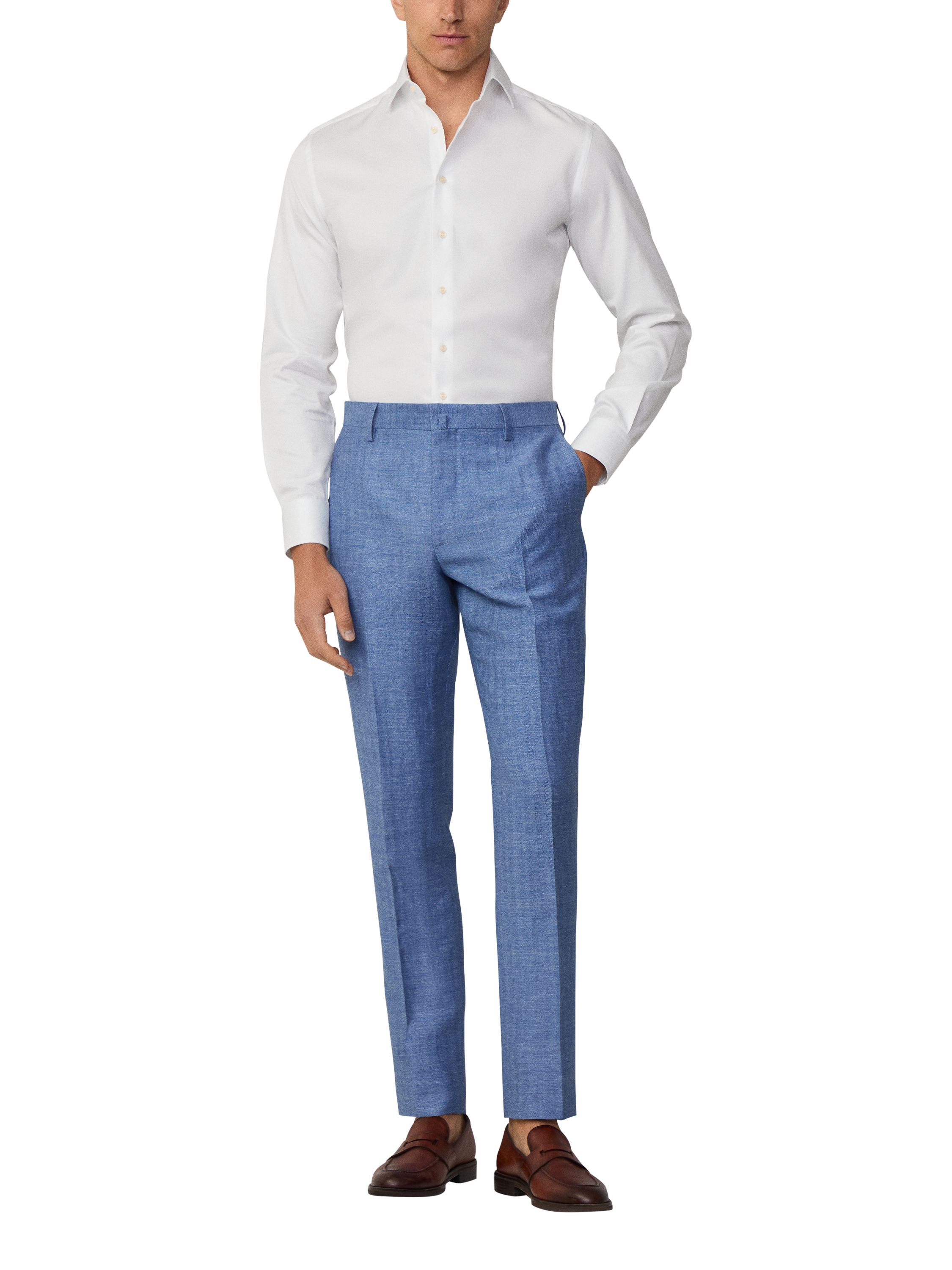 Product image 1 of 6, which shows Hackett London Tailored Fit Cutaway Collar Cotton Herringbone Shirt, White, S