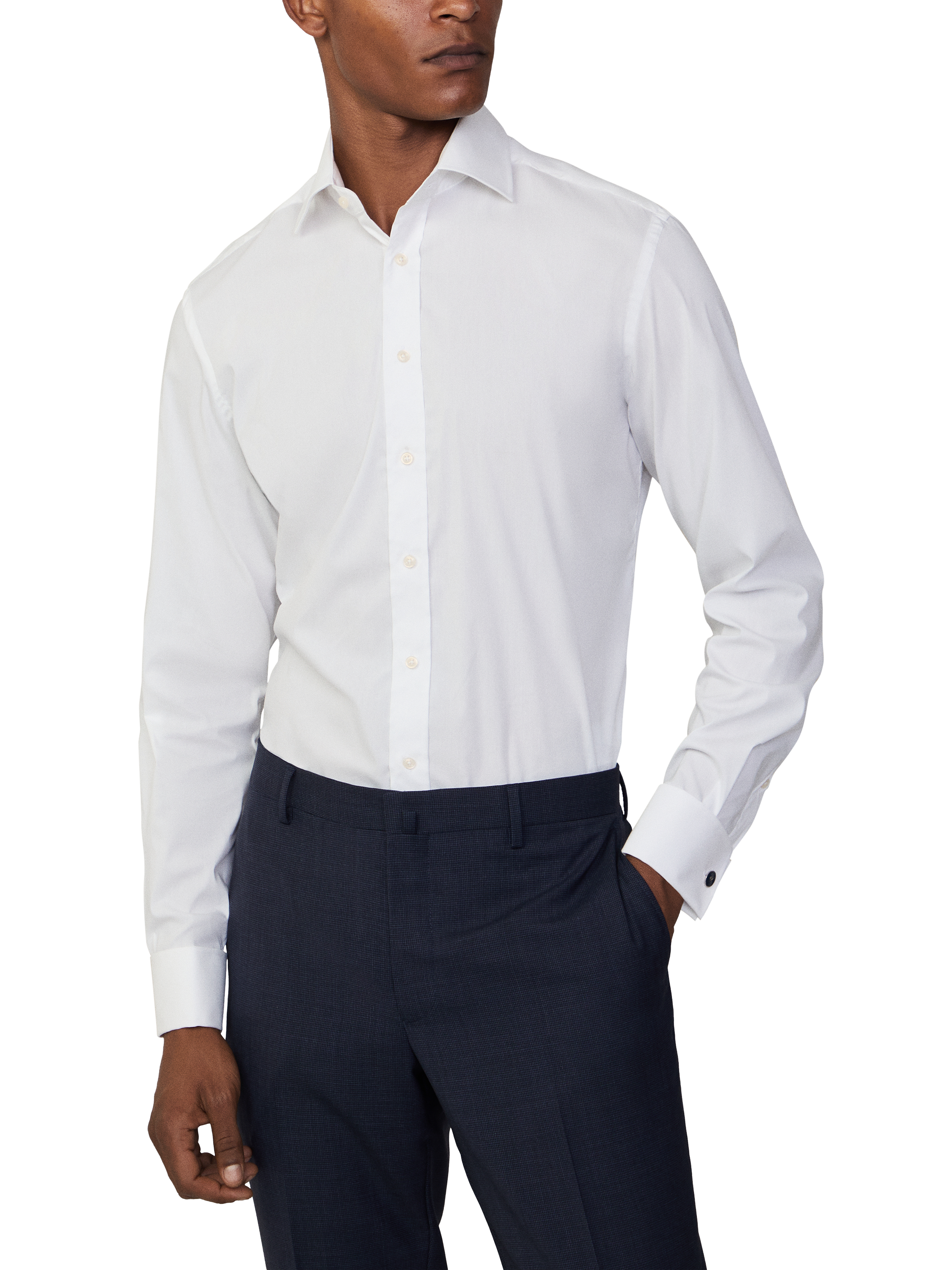 Product image 2 of 7, which shows Hackett London Tailored Fit Poplin Cotton Blend Cufflink Shirt, White, White, S-M