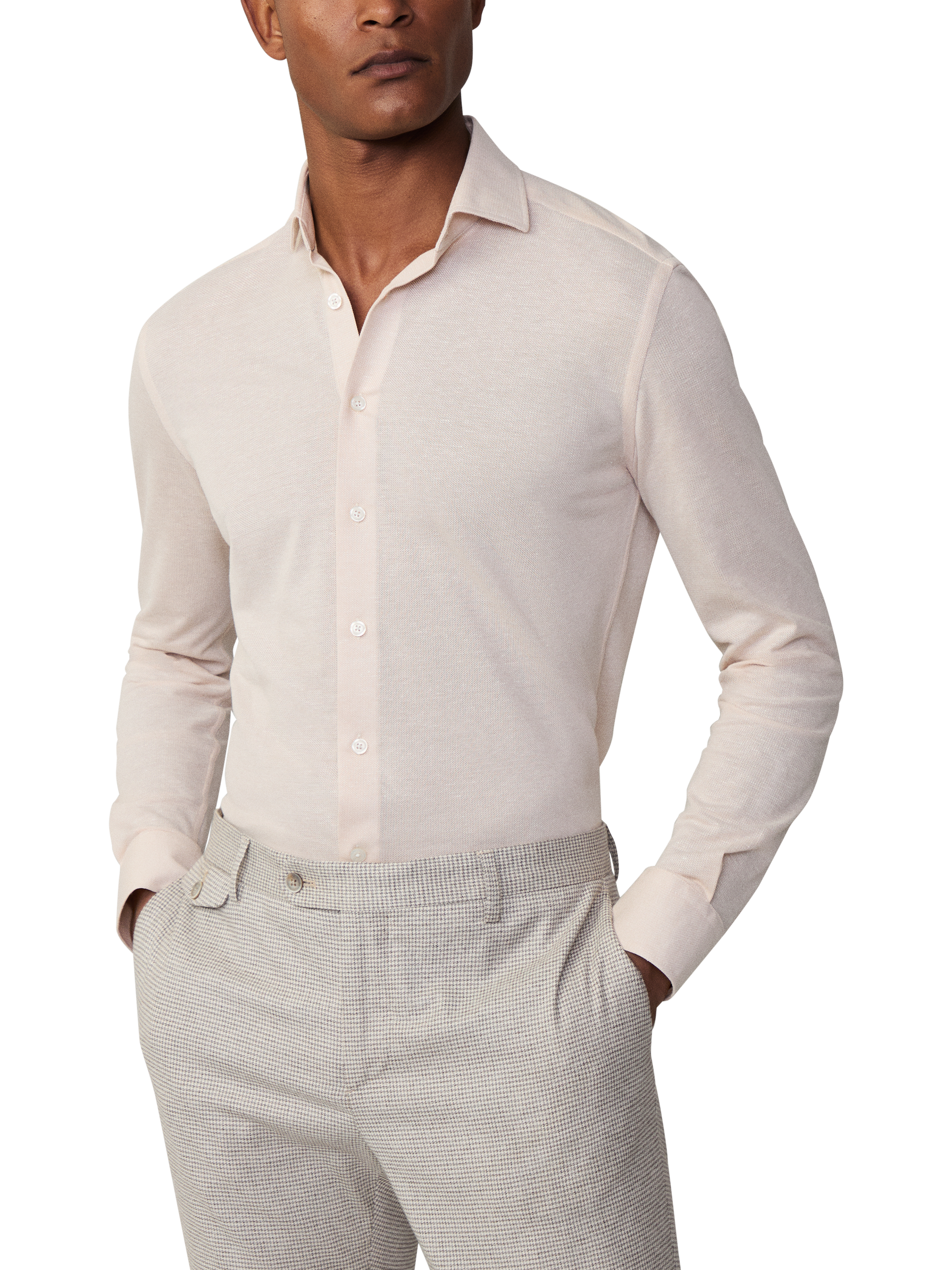 Product image 1 of 6, which shows Hackett London Stretch Pique Cotton Shirt, Tan Brown, S