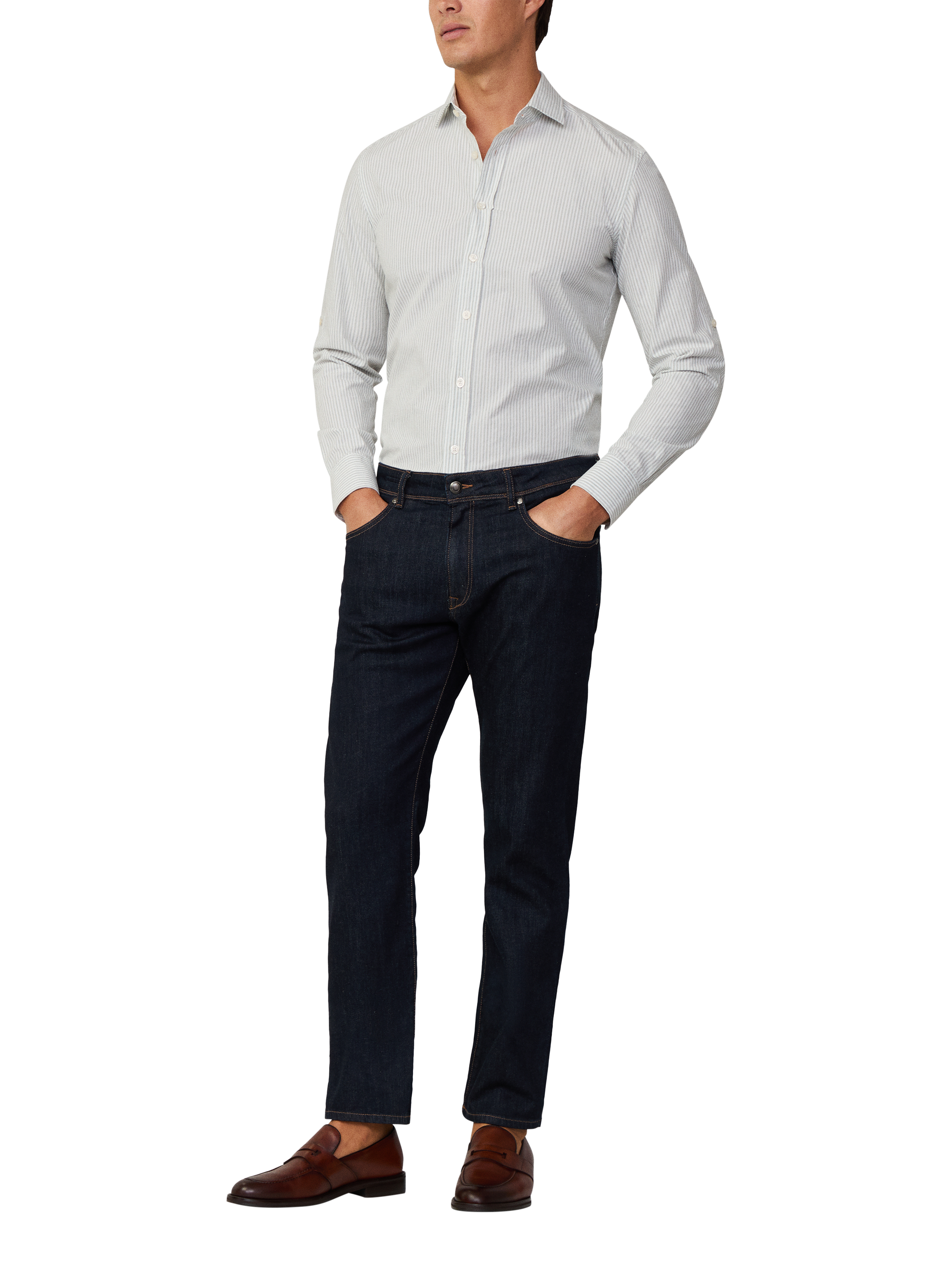Product image 1 of 6, which shows Hackett London Bengal Stripe Cotton Shirt, Green/White, XS