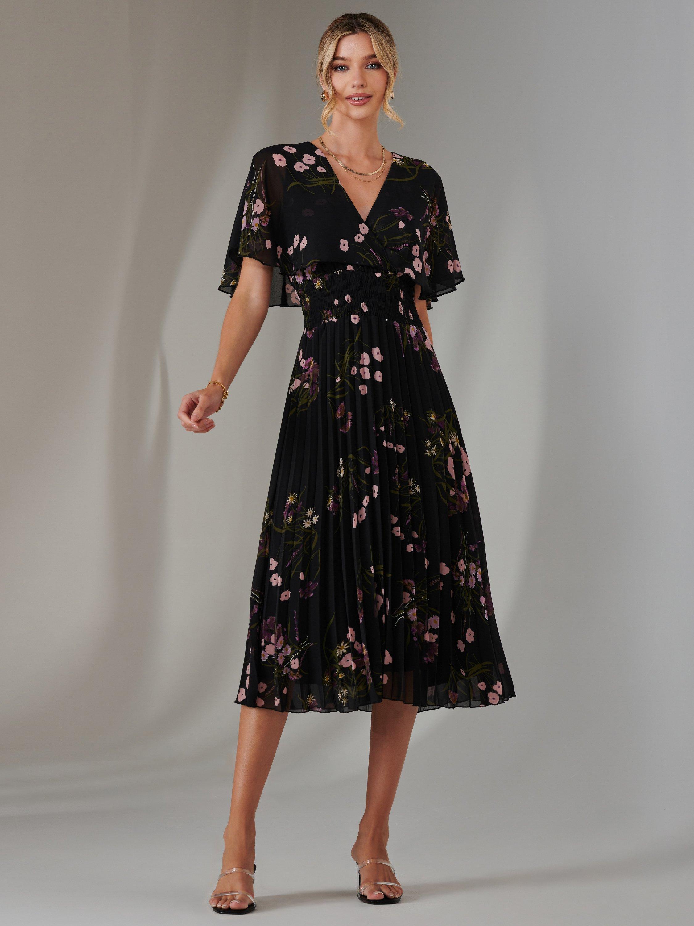 Product image 1 of 7, which shows Jolie Moi Floral Chiffon Pleated Dress, Black/Pink, 8