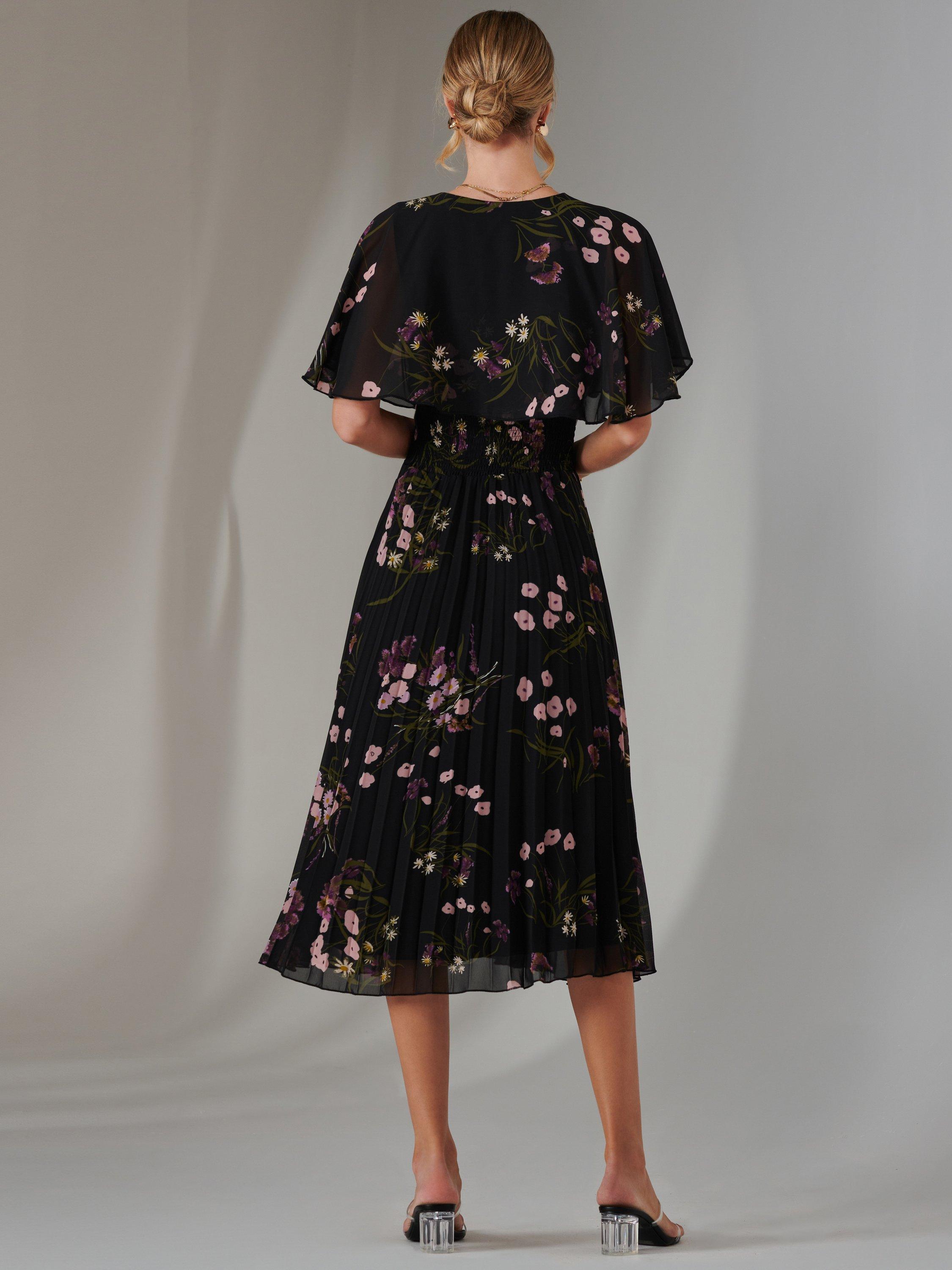 Product image 2 of 7, which shows Jolie Moi Floral Chiffon Pleated Dress, Black/Pink, 8