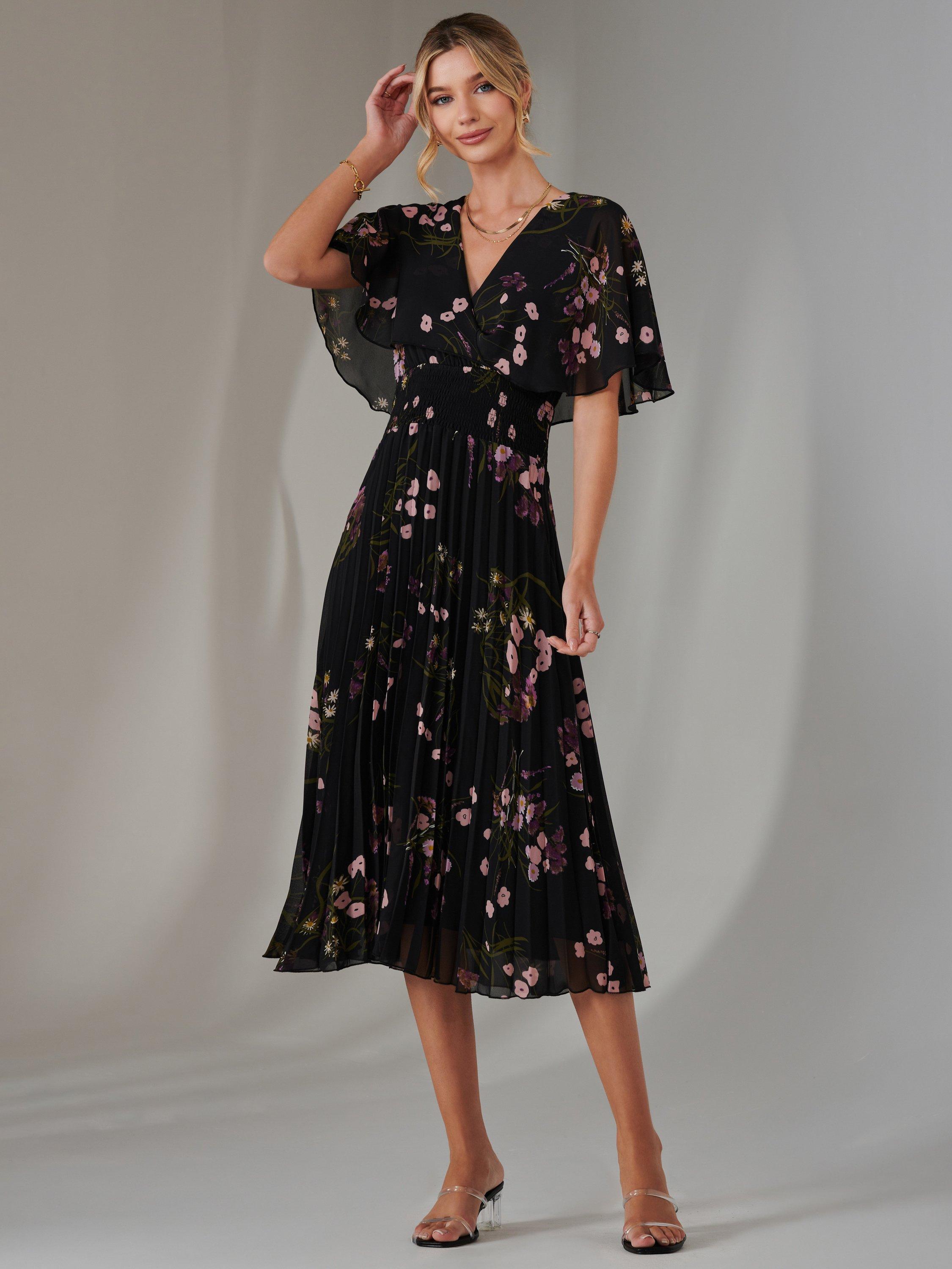 Product image 3 of 7, which shows Jolie Moi Floral Chiffon Pleated Dress, Black/Pink, 8