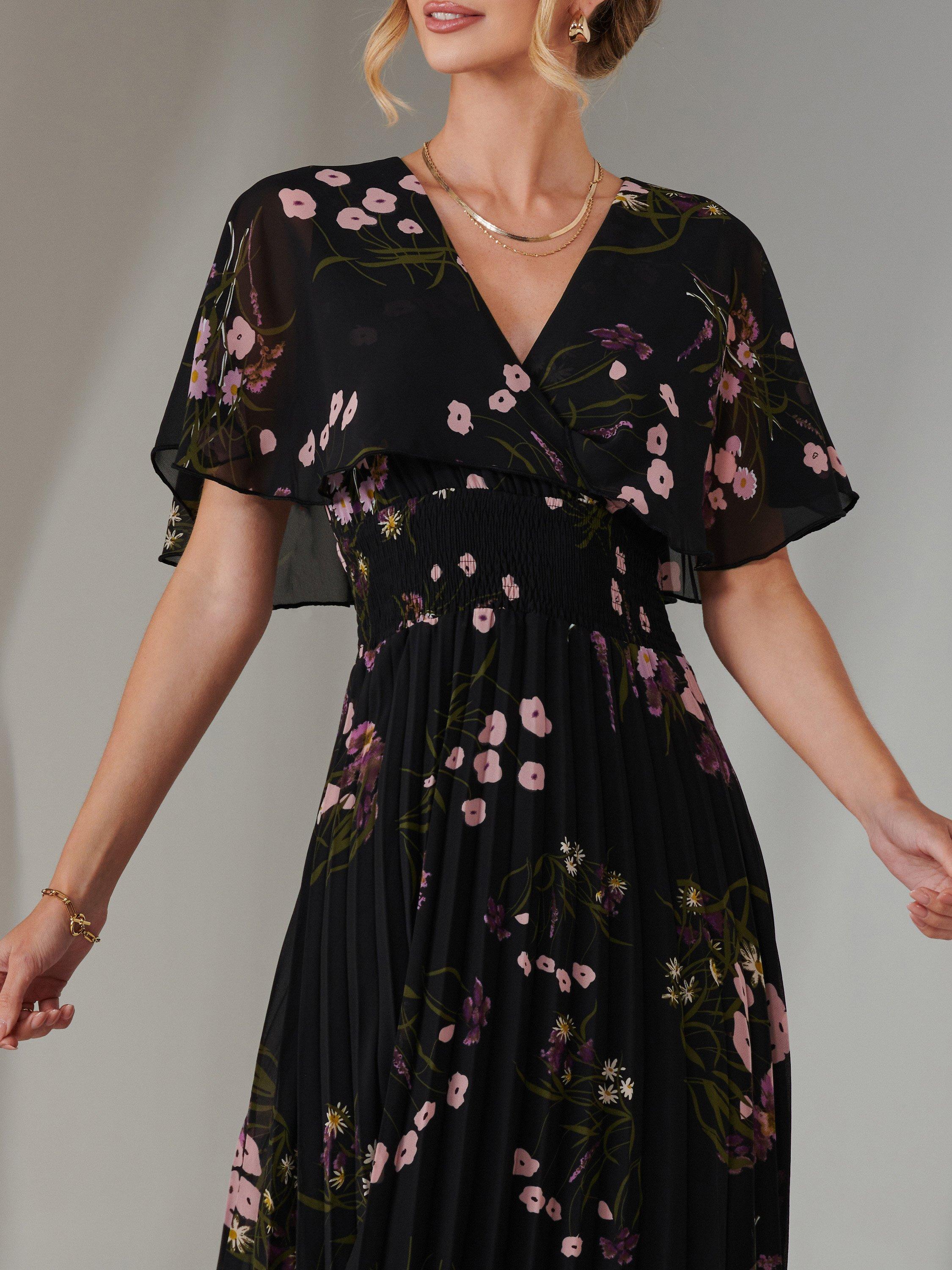 Product image 4 of 7, which shows Jolie Moi Floral Chiffon Pleated Dress, Black/Pink, 8