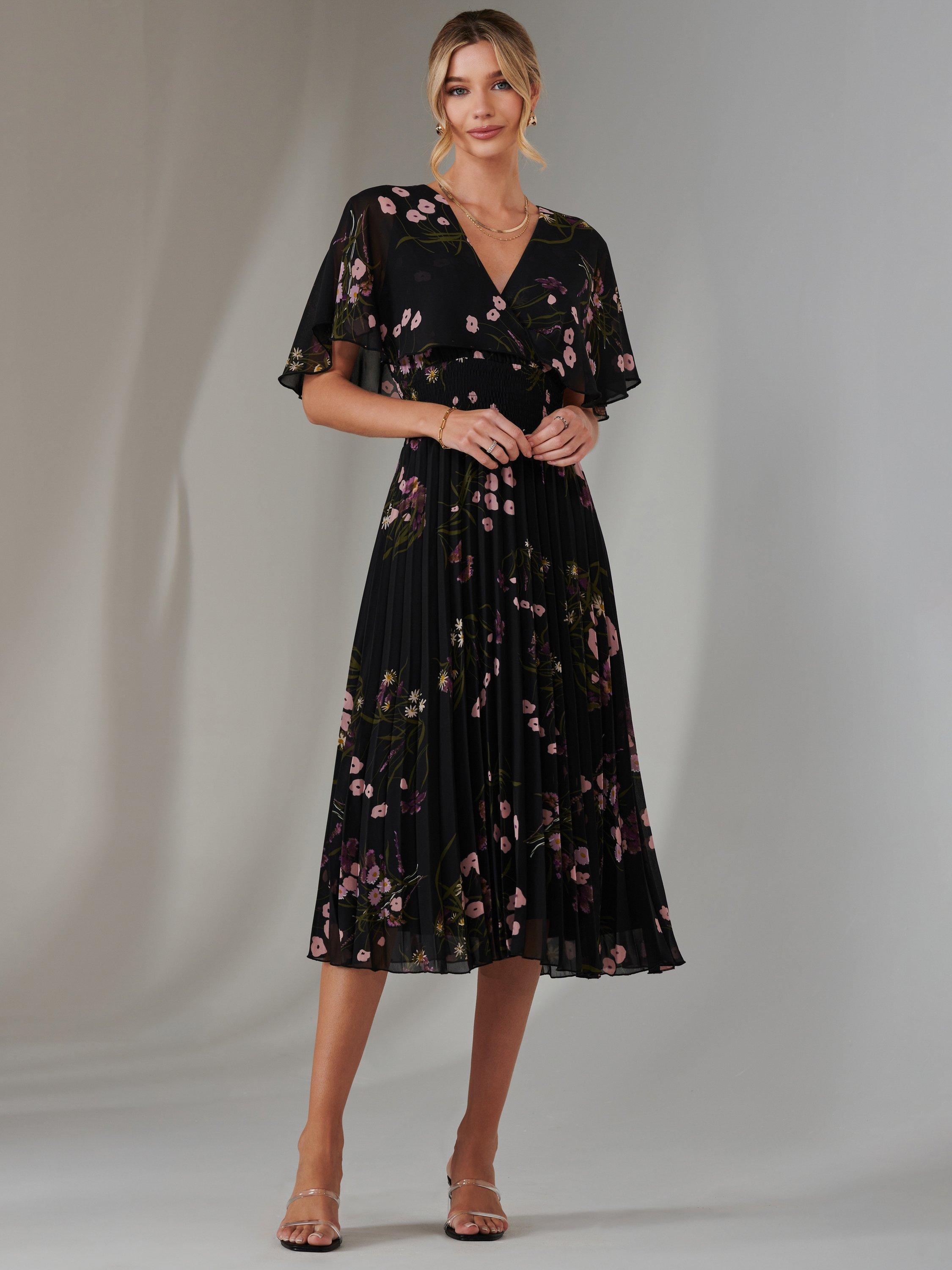 Product image 5 of 7, which shows Jolie Moi Floral Chiffon Pleated Dress, Black/Pink, 8