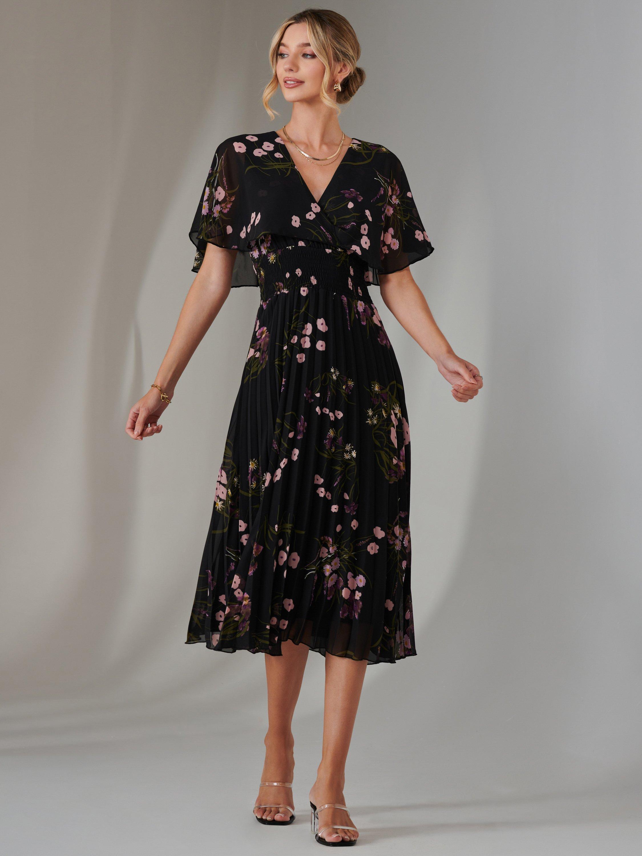 Product image 6 of 7, which shows Jolie Moi Floral Chiffon Pleated Dress, Black/Pink, 8