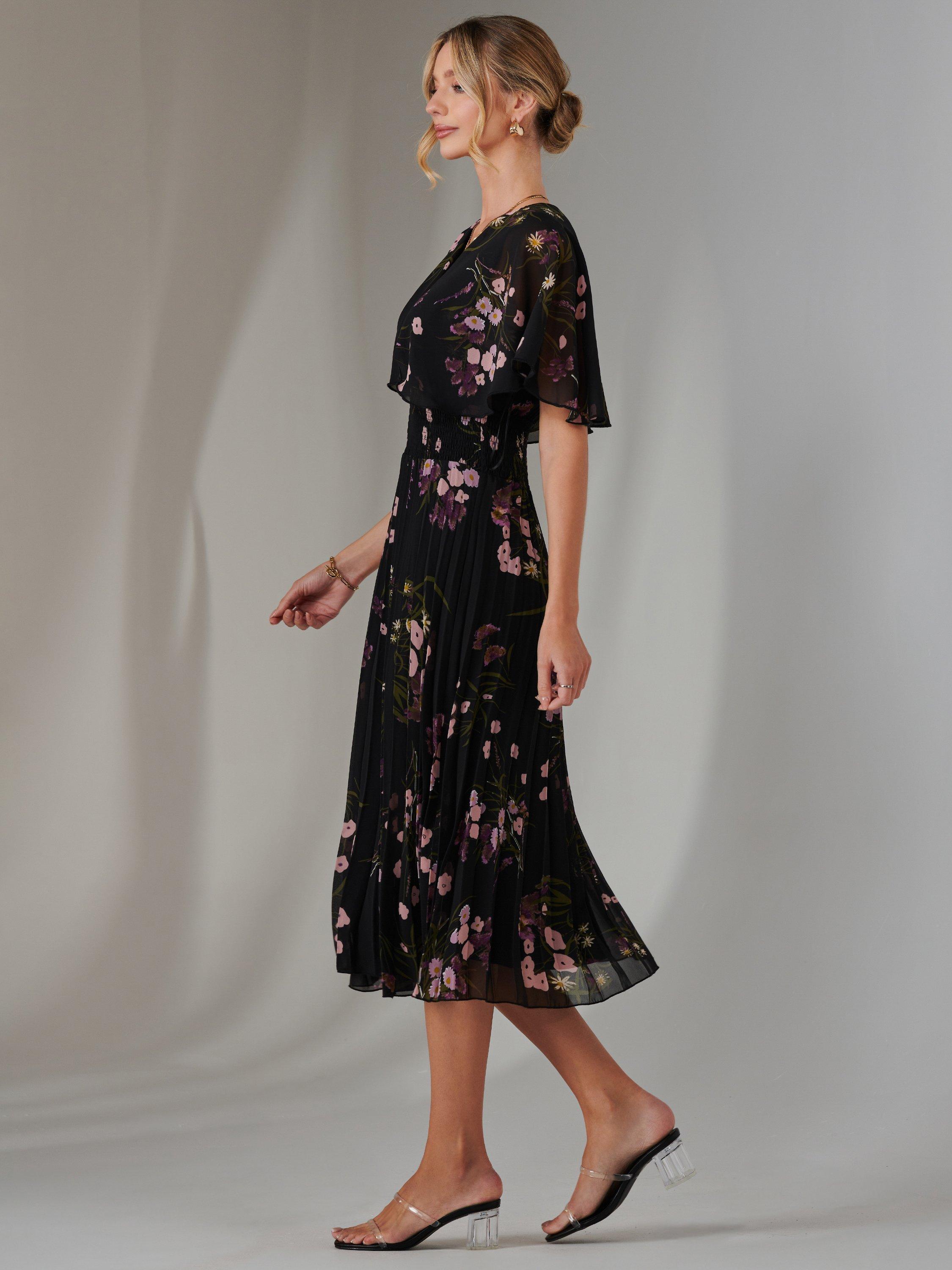 Product image 7 of 7, which shows Jolie Moi Floral Chiffon Pleated Dress, Black/Pink, 8