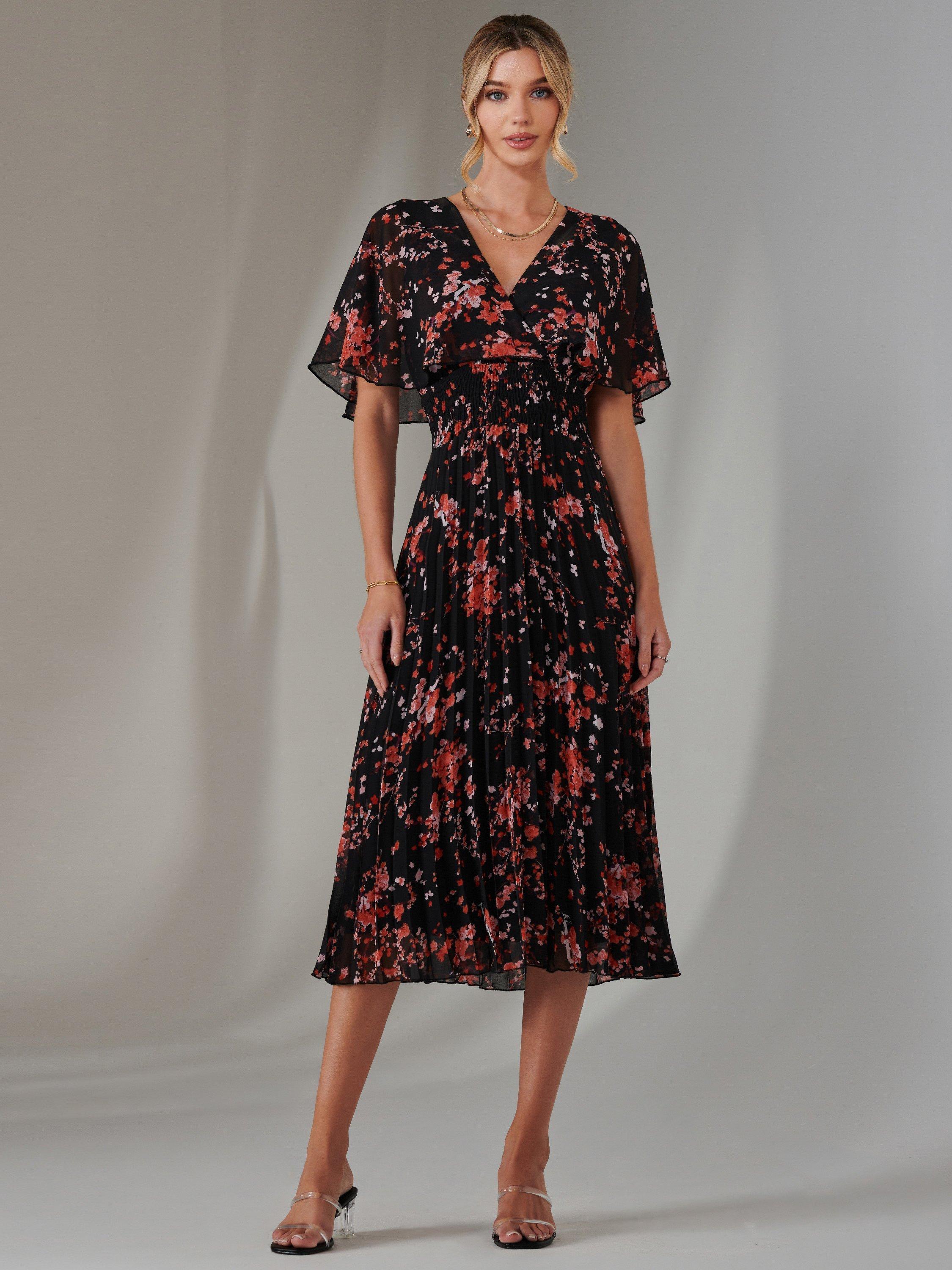 Product image 1 of 7, which shows Jolie Moi Floral Chiffon Pleated Dress, Black/Red, 8