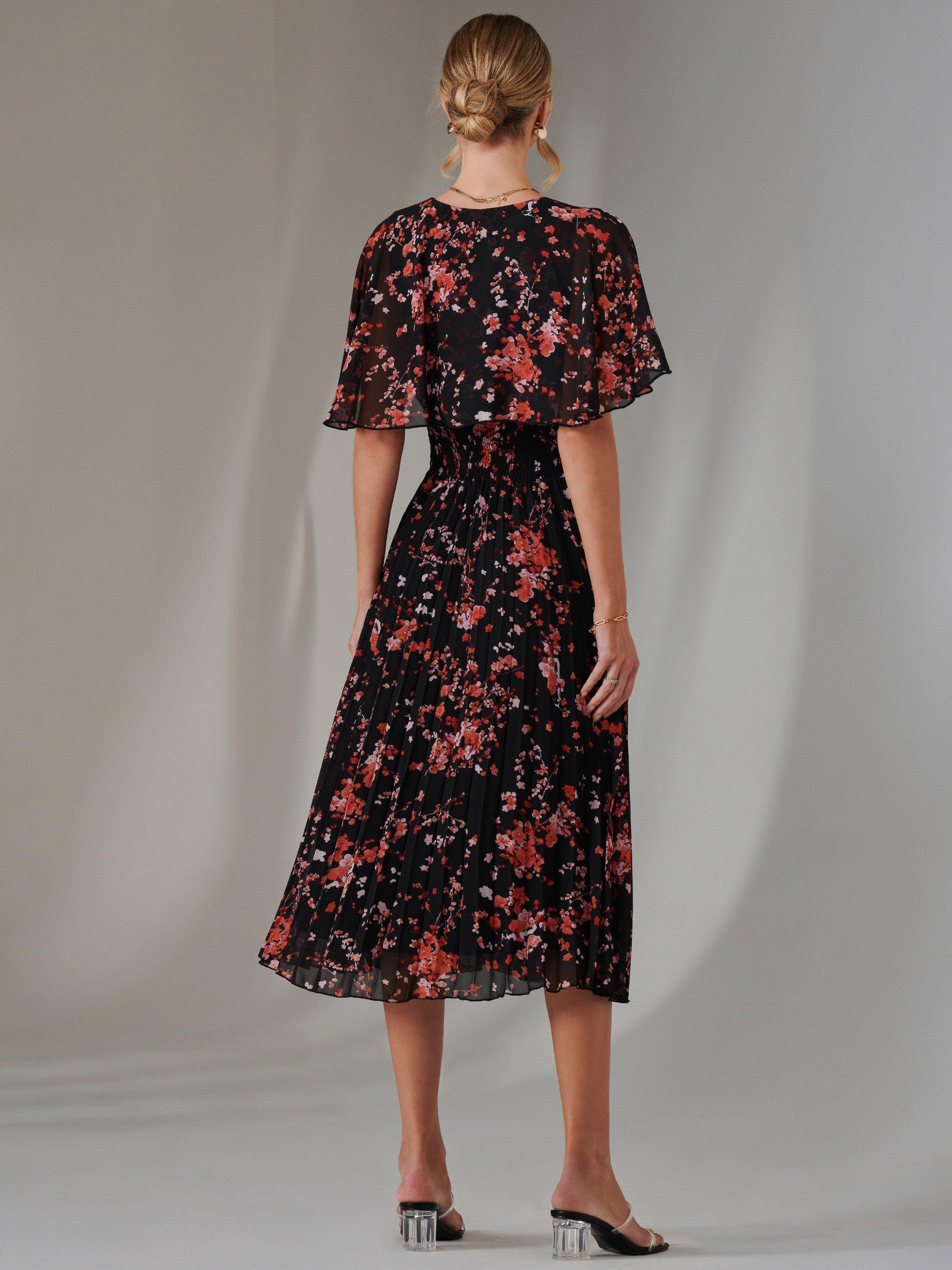 Product image 2 of 7, which shows Jolie Moi Floral Chiffon Pleated Dress, Black/Red, 8