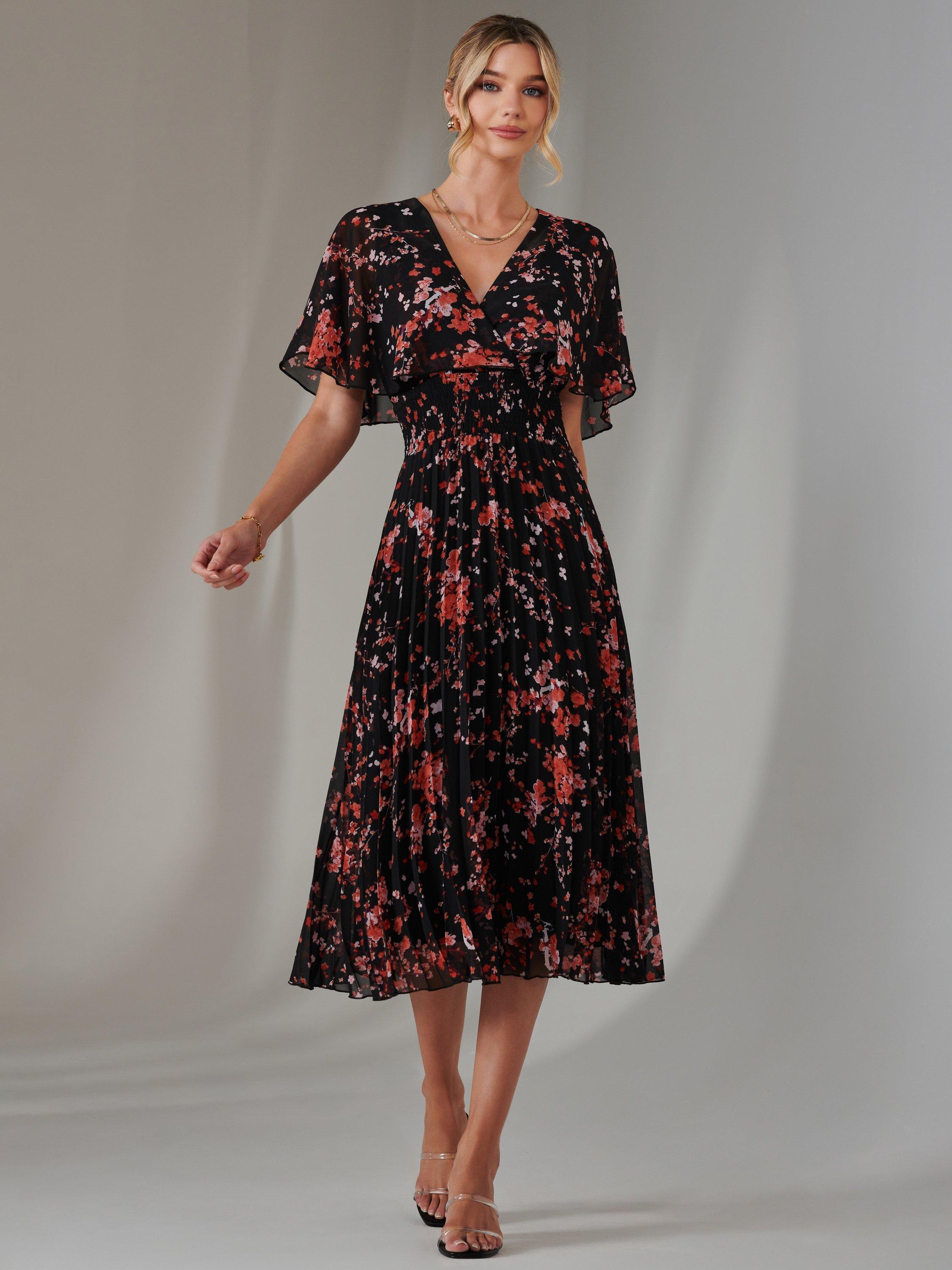 Product image 3 of 7, which shows Jolie Moi Floral Chiffon Pleated Dress, Black/Red, 8
