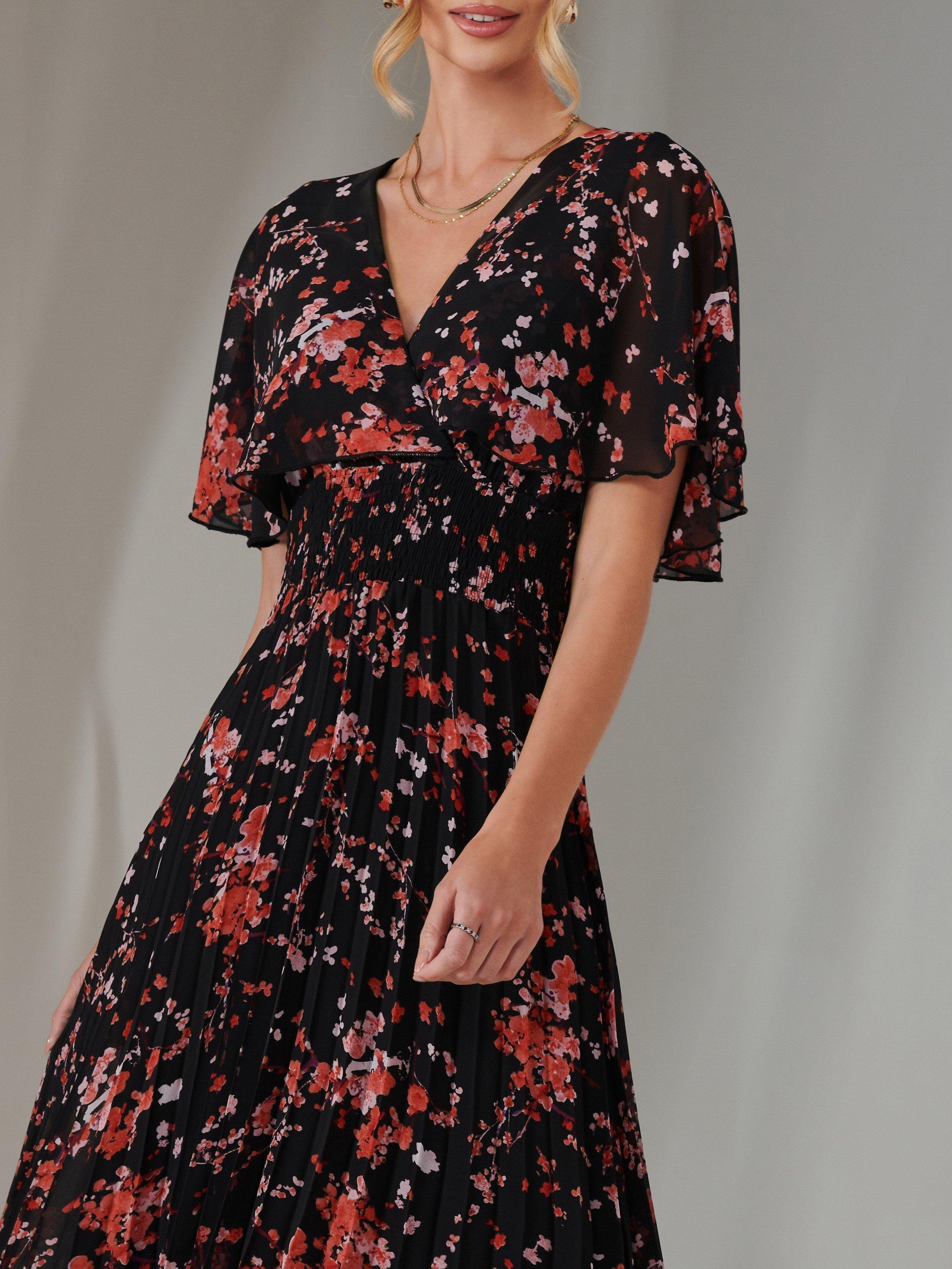 Product image 4 of 7, which shows Jolie Moi Floral Chiffon Pleated Dress, Black/Red, 8