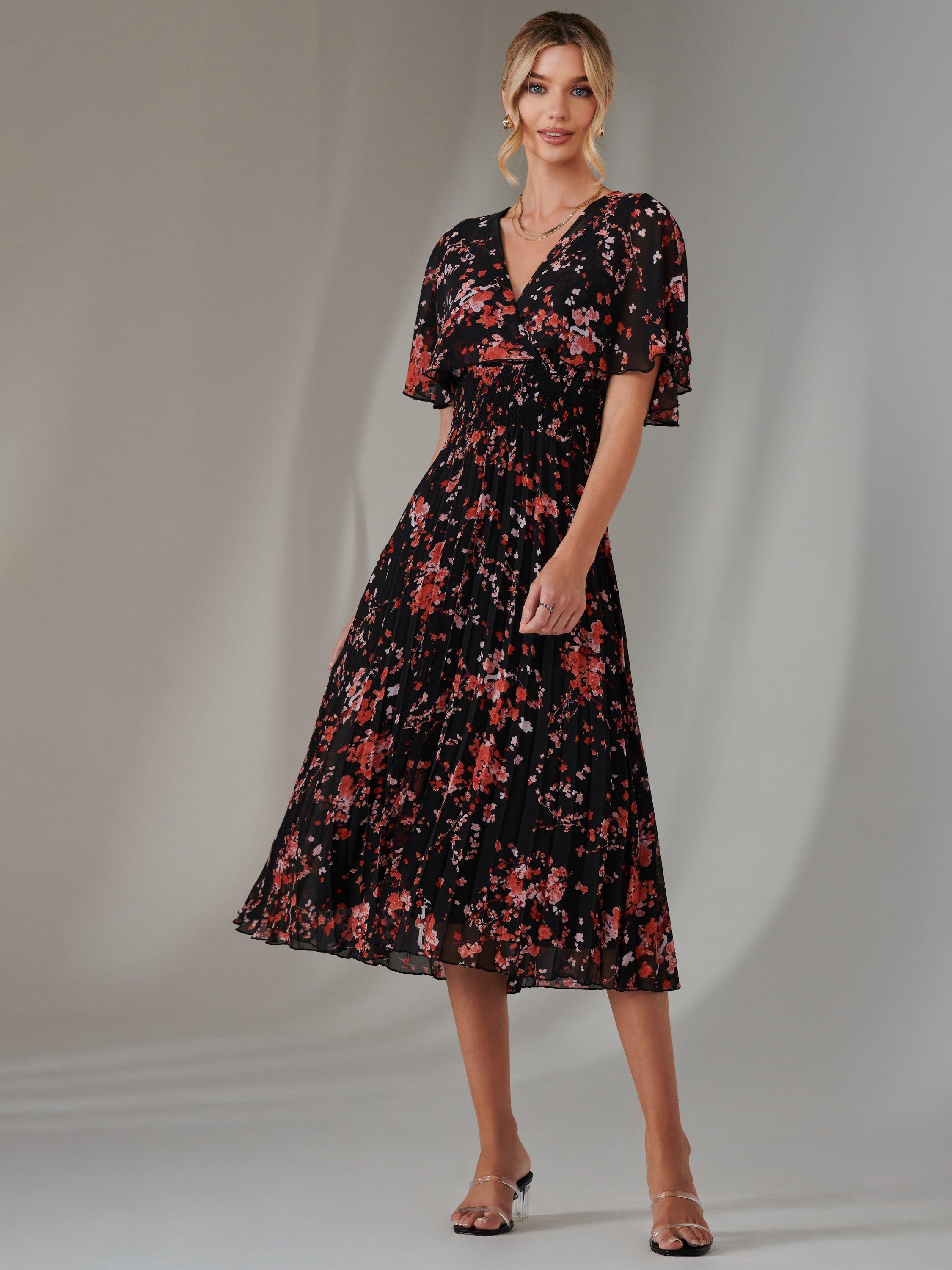 Product image 5 of 7, which shows Jolie Moi Floral Chiffon Pleated Dress, Black/Red, 8