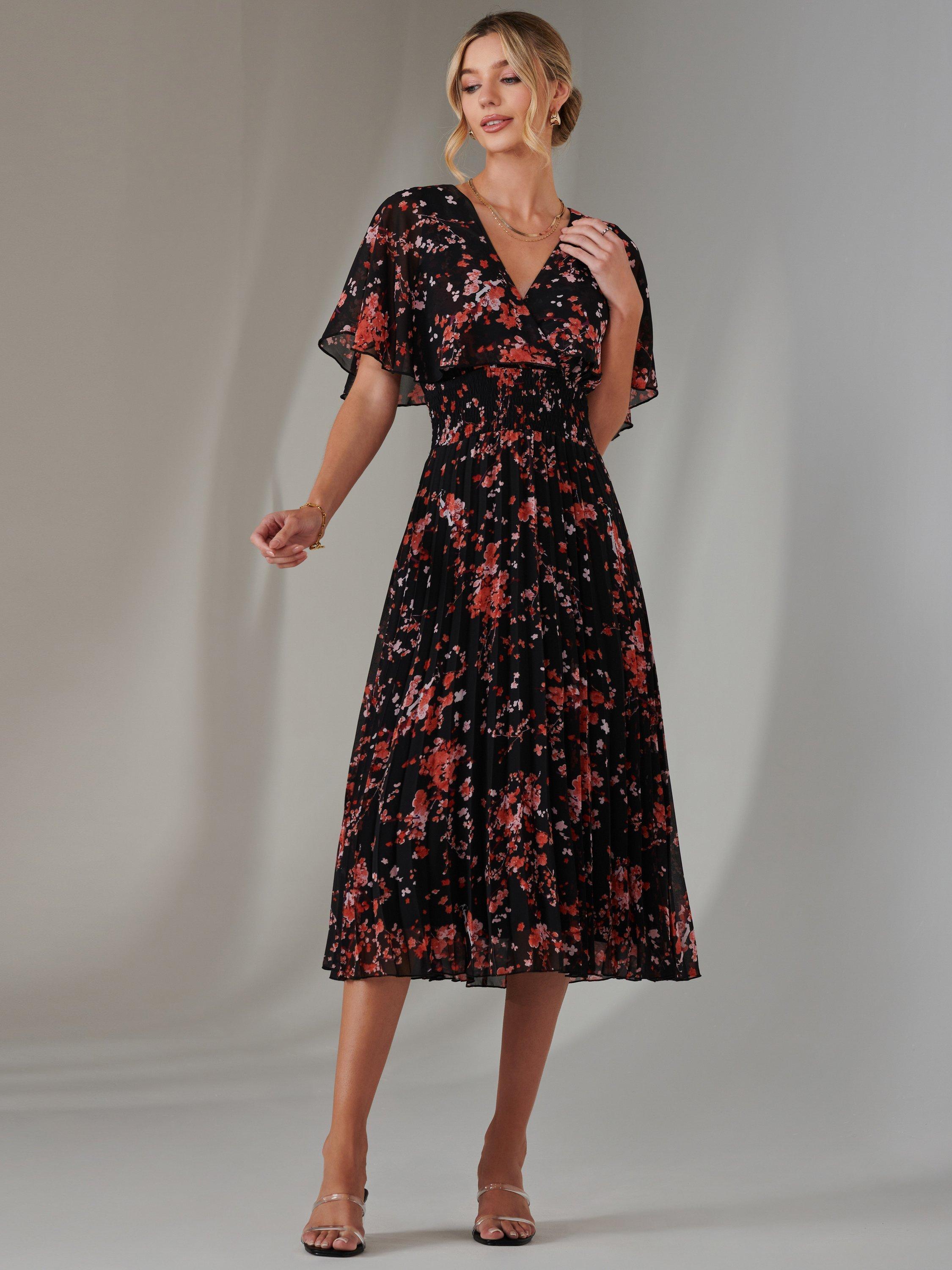 Product image 6 of 7, which shows Jolie Moi Floral Chiffon Pleated Dress, Black/Red, 8