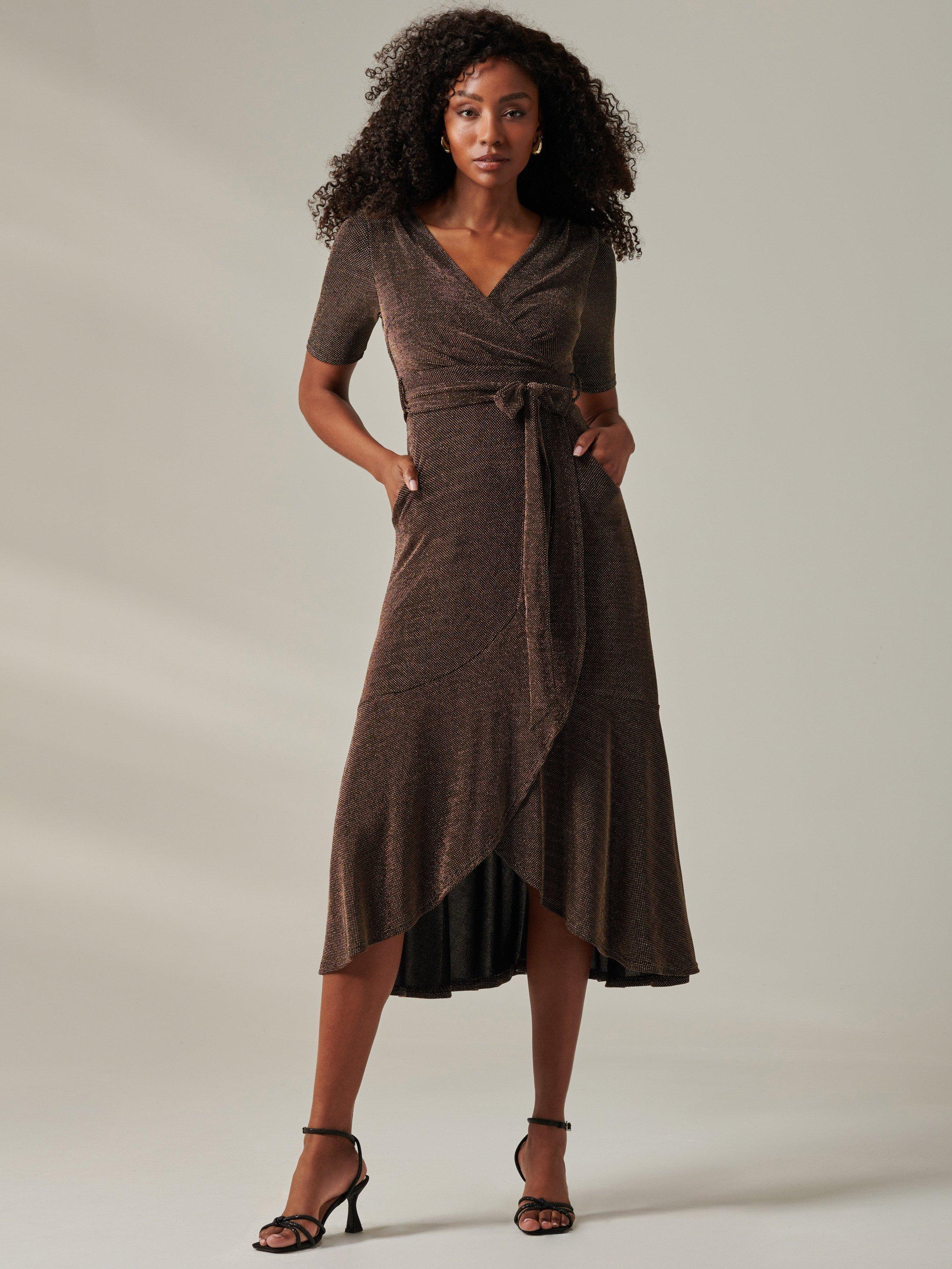Product image 1 of 7, which shows Jolie Moi Metallic Wrap Dress, Black/Gold, 8