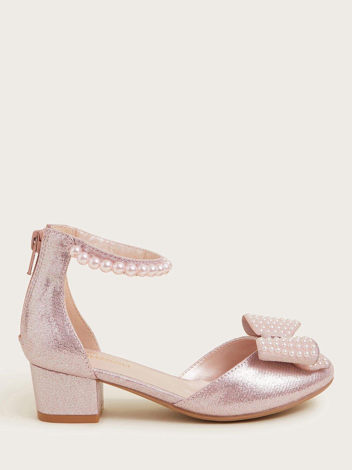 Product image 1 of 3, which shows Monsoon Kids' Pearl Bow Glitter Heeled Shoes, Pink, 4