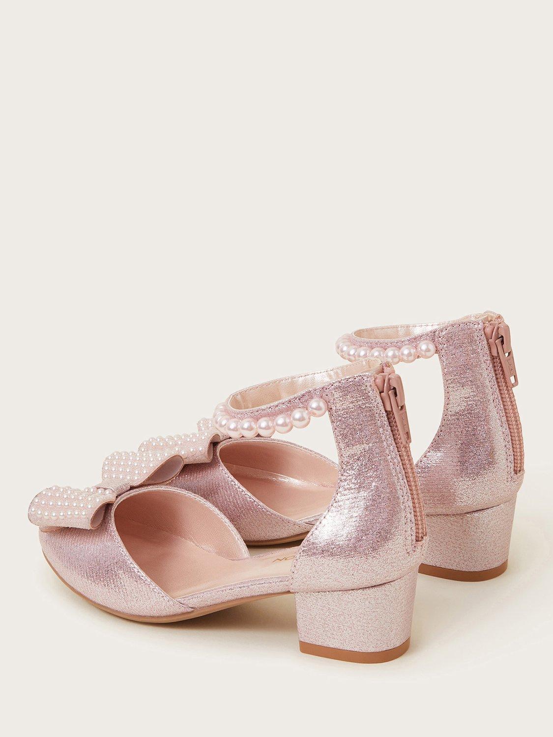 Product image 3 of 3, which shows Monsoon Kids' Pearl Bow Glitter Heeled Shoes, Pink, 4