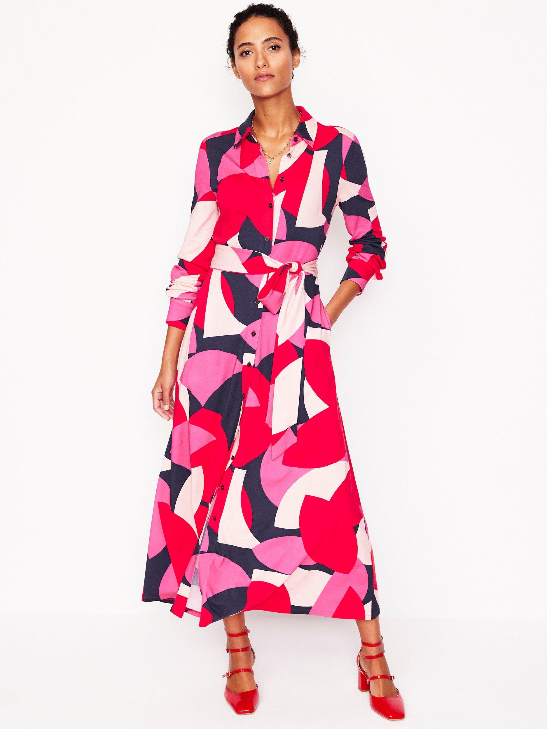 Product image 1 of 4, which shows Boden Marcia Jersey Shirt Dress, Red/Multi, 8