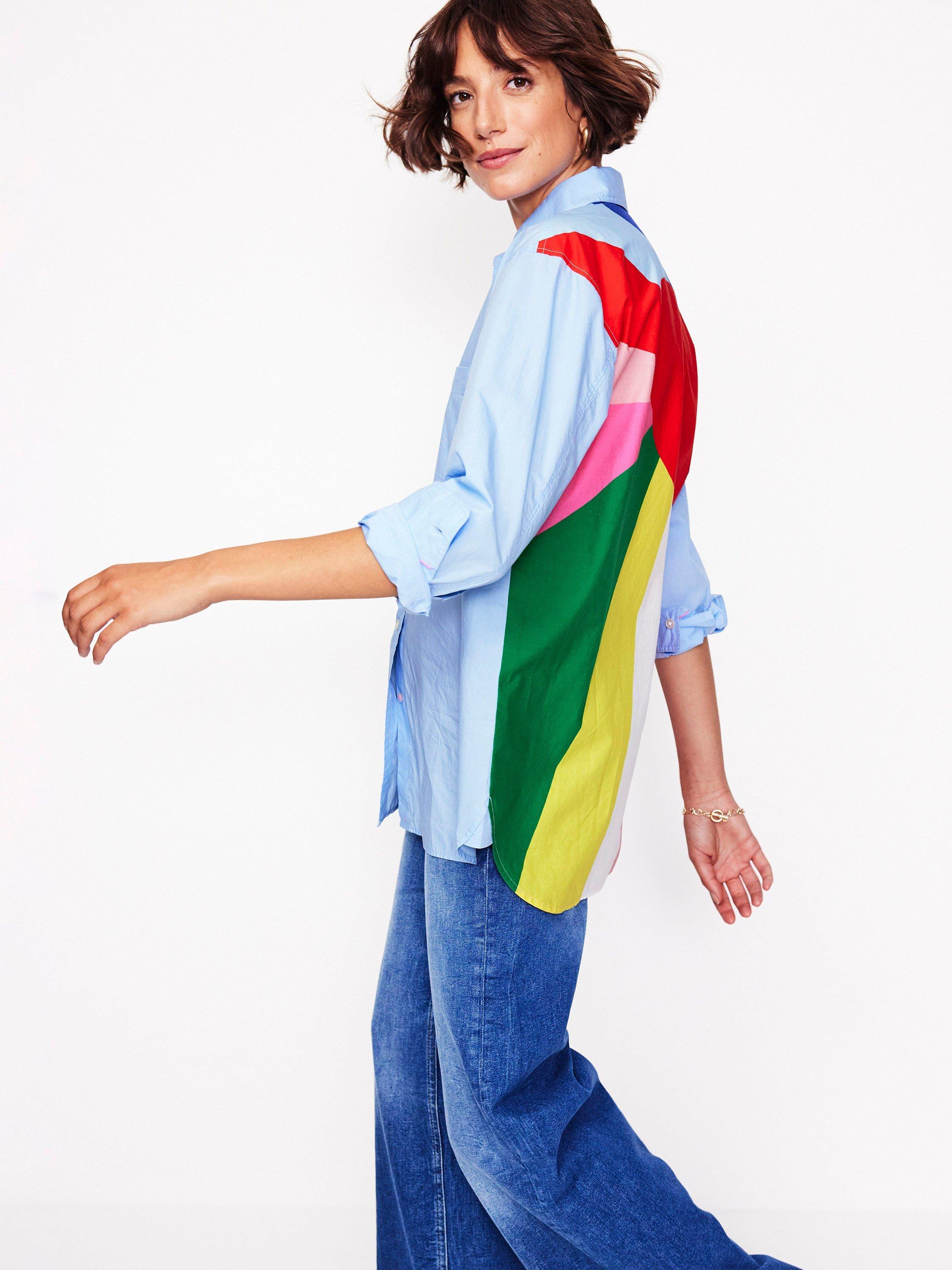 Boden Sadie Heart Rainbow Back Shirt, Blue/Multi