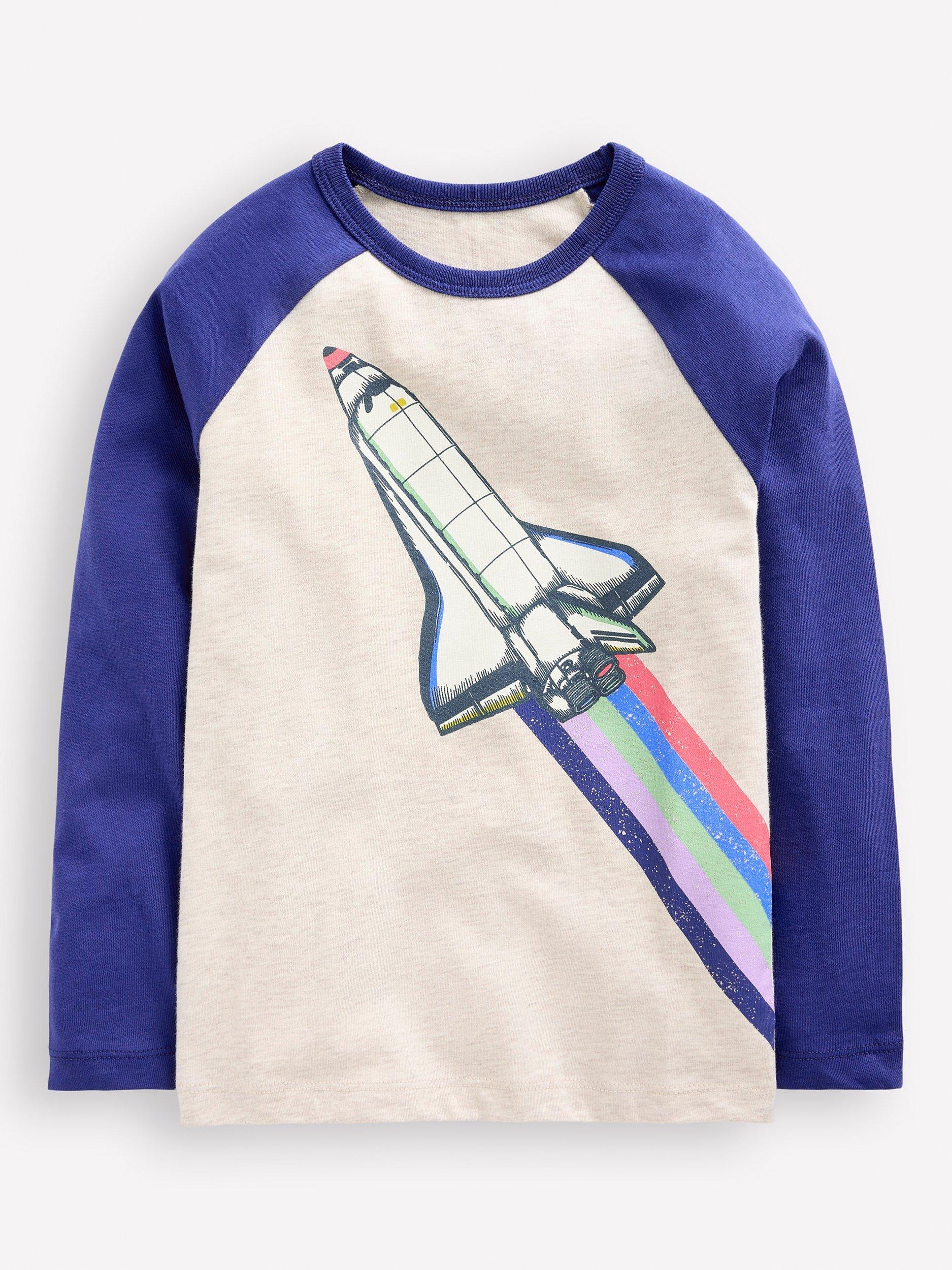 Mini Boden Kids' Glow In The Dark Cotton Raglan Top, Oatmeal Marl Rocket