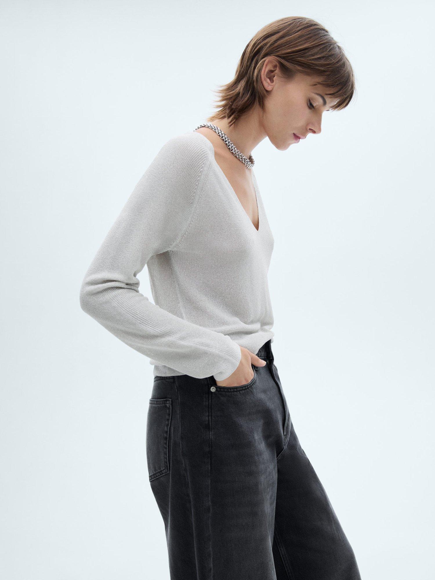 Product image 2 of 8, which shows Mango Kling V-Neck Jumper, Silver, XXS