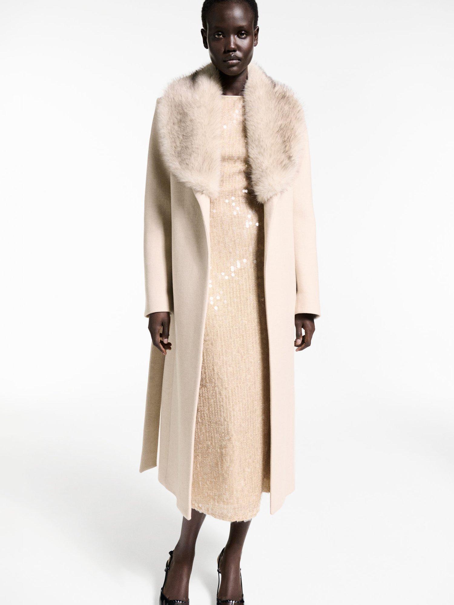 Product image 2 of 7, which shows Mango Dolce Wool Blend Detachable Faux Fur Collar Coat, Pastel Grey, XXL