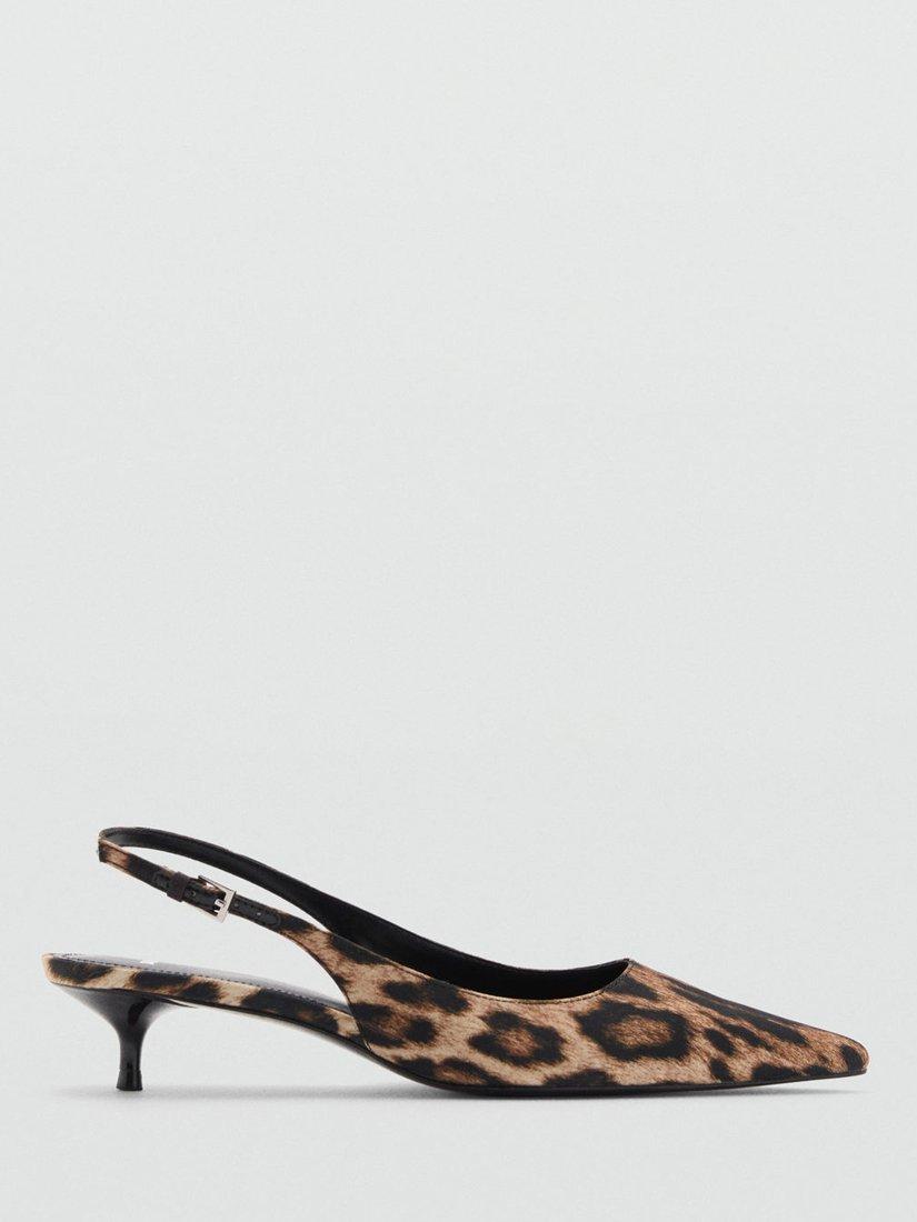 Mango Honeyl Leopard Print Heeled Court Shoes, Black/Barley