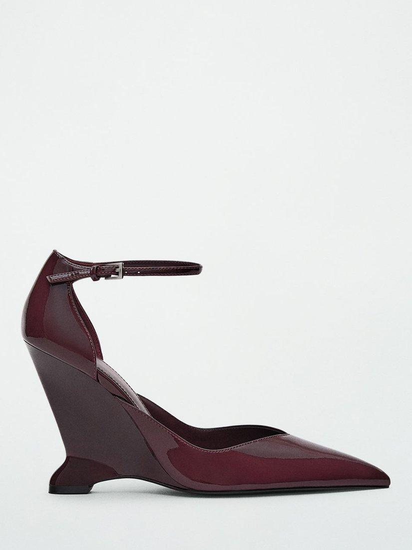 Mango Satur Leather Curved Wedge Court Shoes, Burgundy