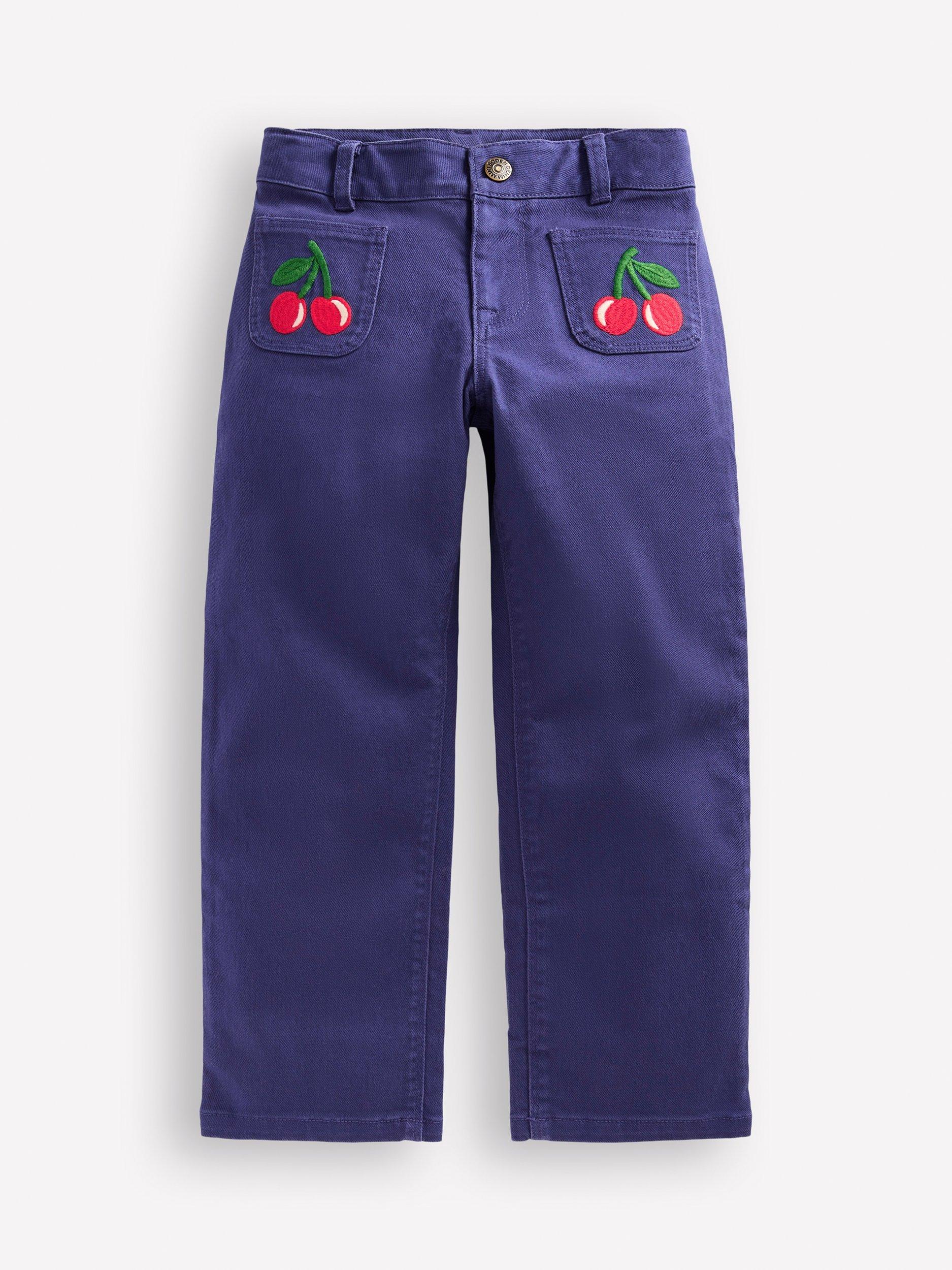 Product image 1 of 3, which shows Mini Boden Kids' Patch Pocket Trousers, Blue Cherries, 3-4 years